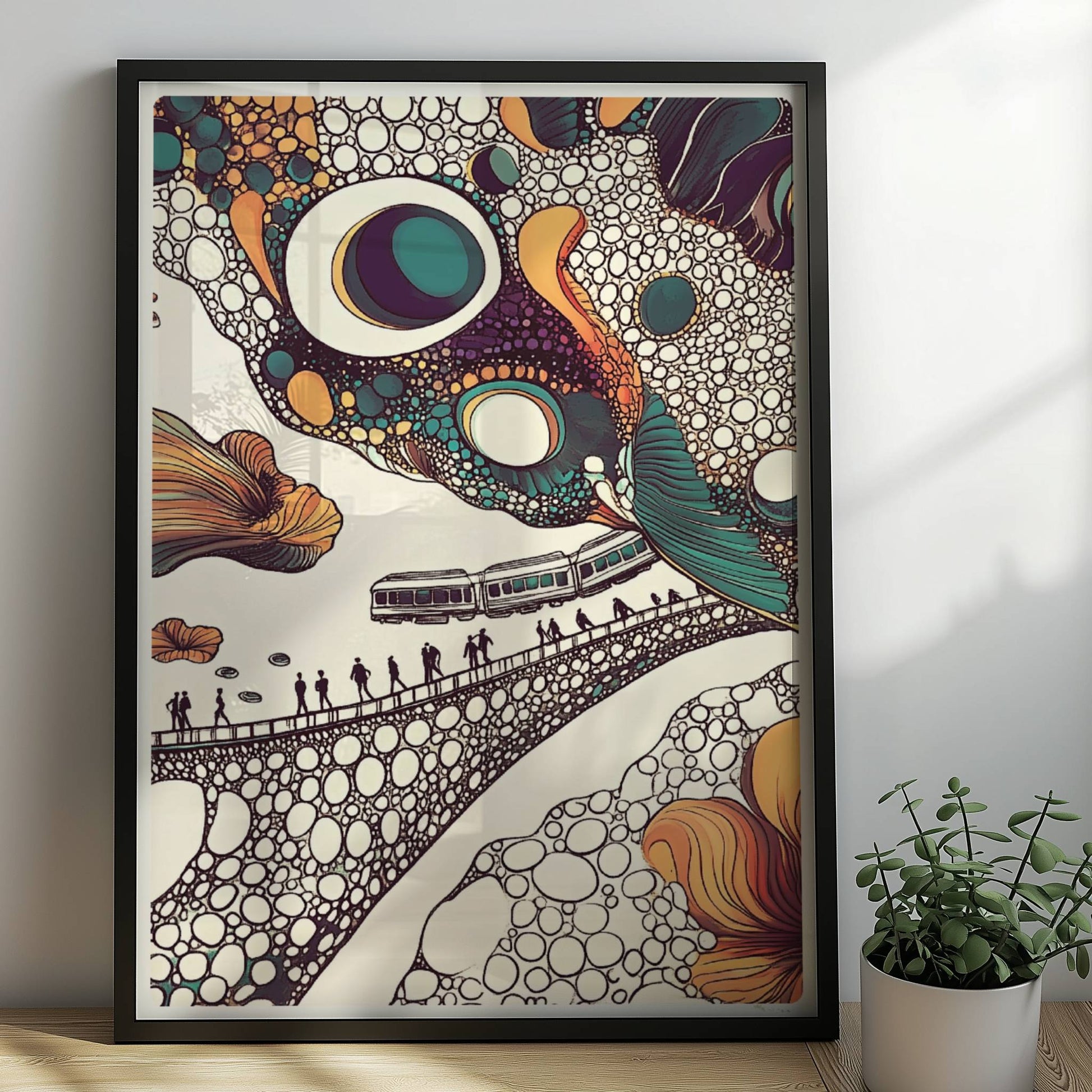 Fantasiereiche Zugreise durch bunte Blasenlandschaft mit Blumen und organischen Formen. Rahmen schwarz 50x70