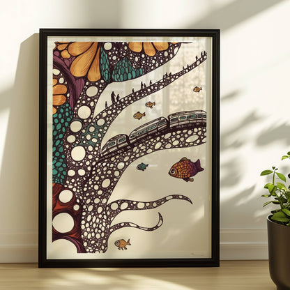 Zukunftszug auf biomorpher Struktur in fantasievoller, organischer Landschaft. Rahmen schwarz 30x40