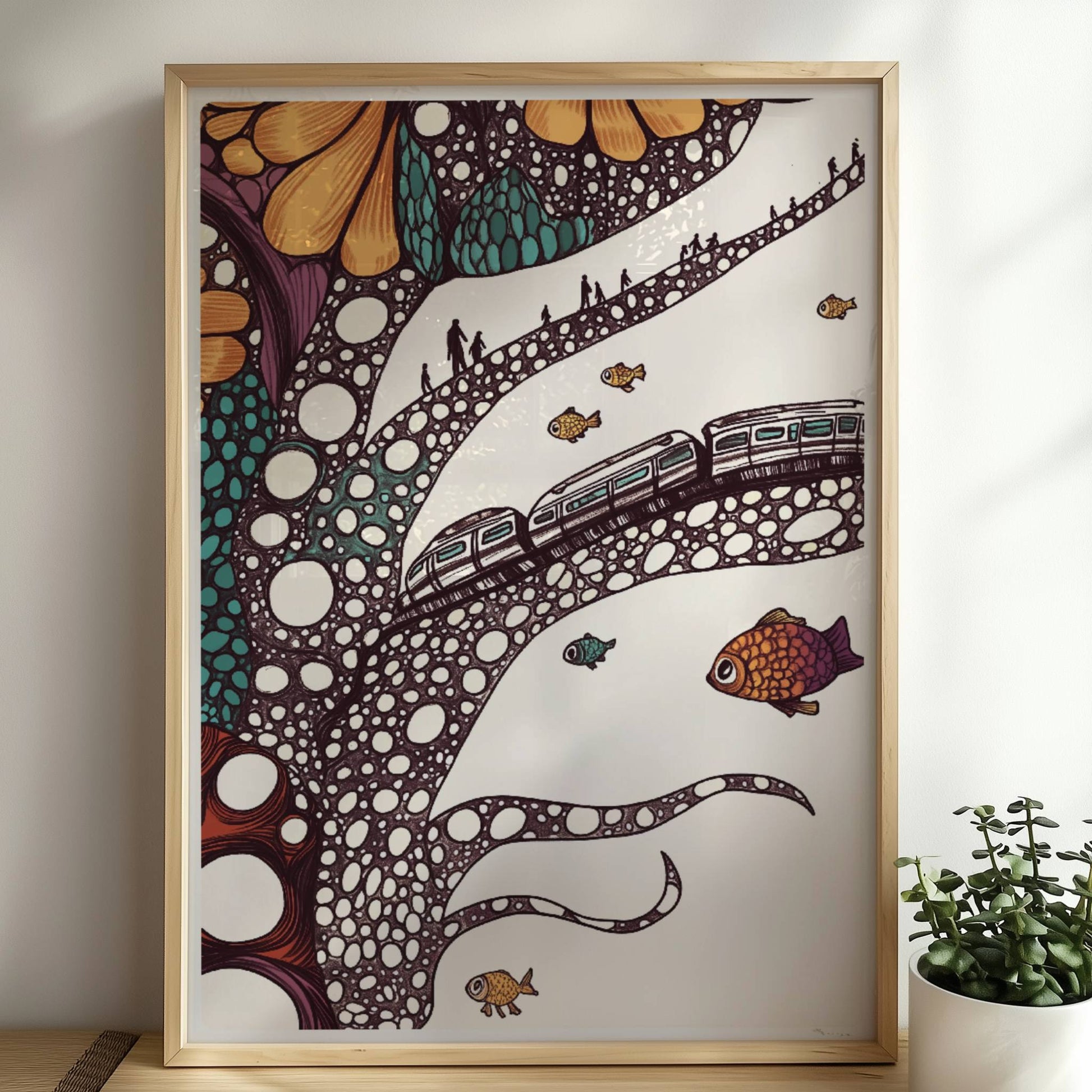 Zukunftszug auf biomorpher Struktur in fantasievoller, organischer Landschaft. Rahmen natur 50x70