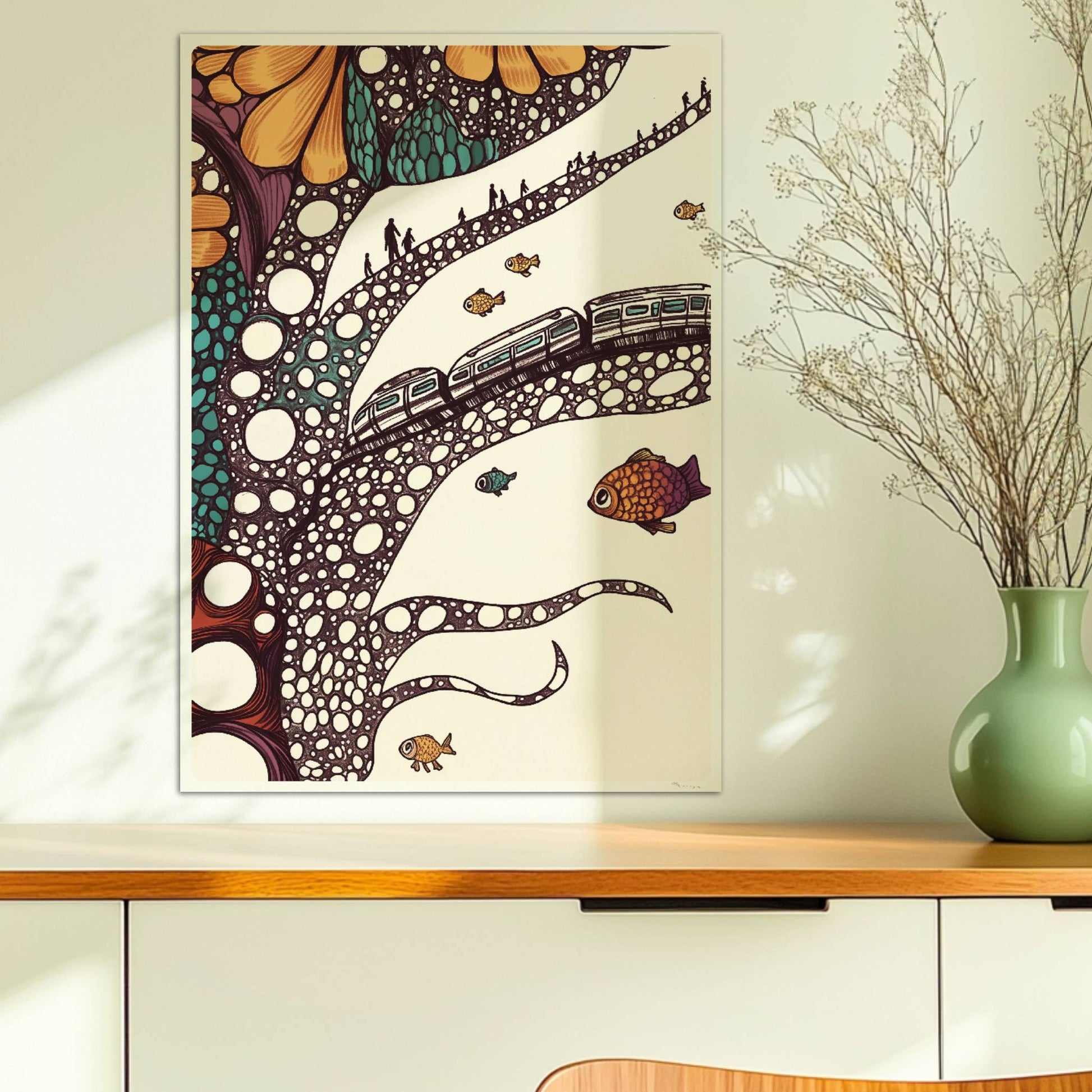 Zukunftszug auf biomorpher Struktur in fantasievoller, organischer Landschaft. Ohne Rahmen 50x70
