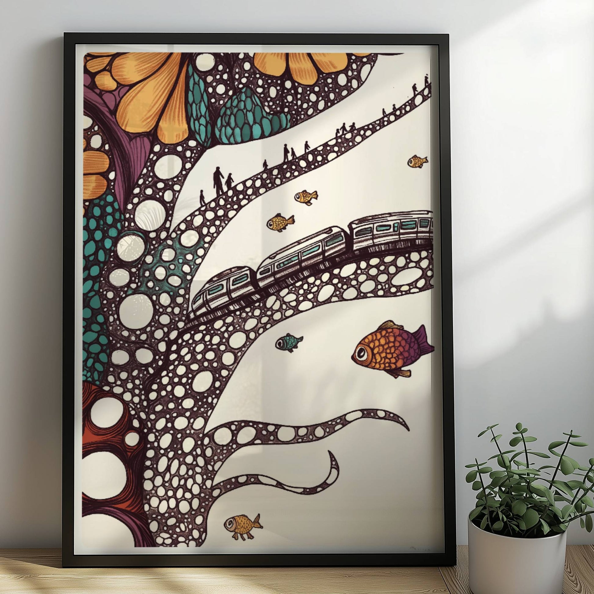 Zukunftszug auf biomorpher Struktur in fantasievoller, organischer Landschaft. Rahmen schwarz 50x70