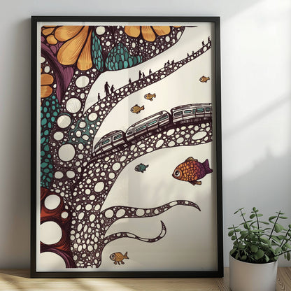 Zukunftszug auf biomorpher Struktur in fantasievoller, organischer Landschaft. Rahmen schwarz 50x70