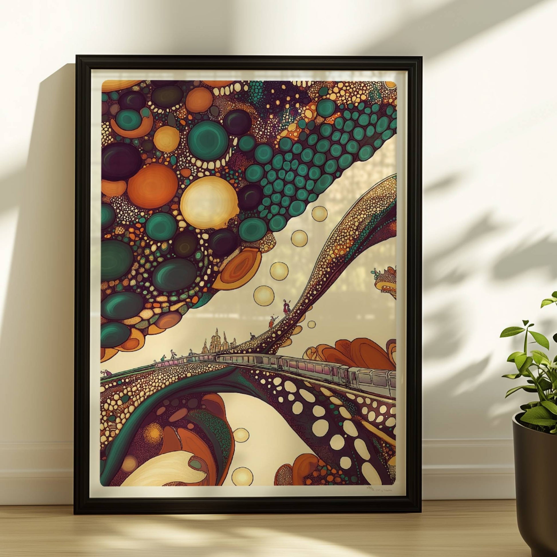 Fantastischer Zug in einer abstrakten Blasenlandschaft mit leuchtenden Farben. Rahmen schwarz 30x40