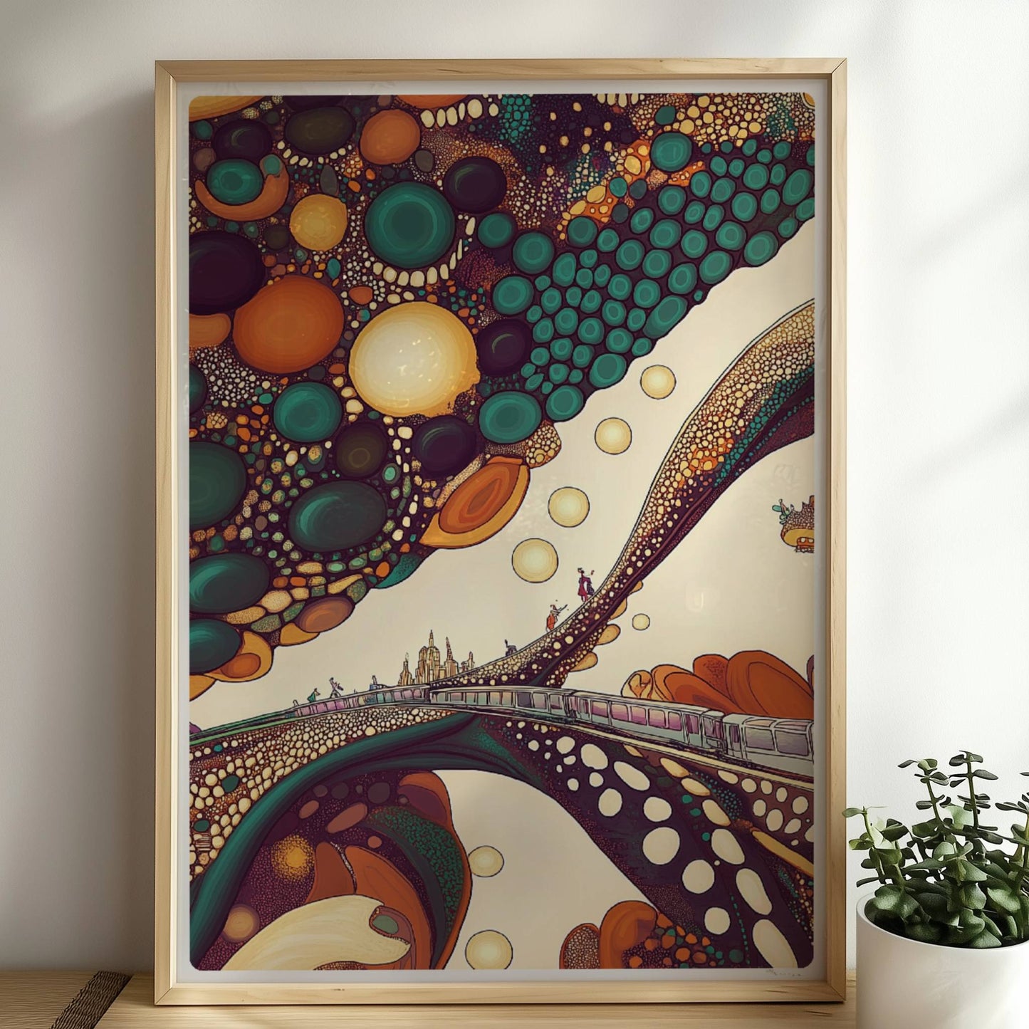 Fantastischer Zug in einer abstrakten Blasenlandschaft mit leuchtenden Farben. Rahmen natur 50x70