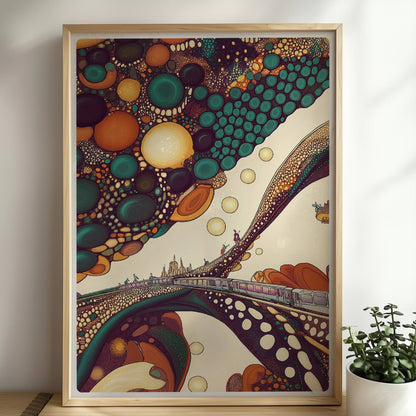 Fantastischer Zug in einer abstrakten Blasenlandschaft mit leuchtenden Farben. Rahmen natur 50x70