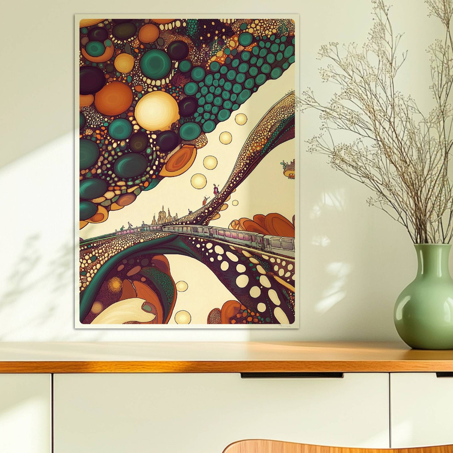 Fantastischer Zug in einer abstrakten Blasenlandschaft mit leuchtenden Farben. Ohne Rahmen 50x70