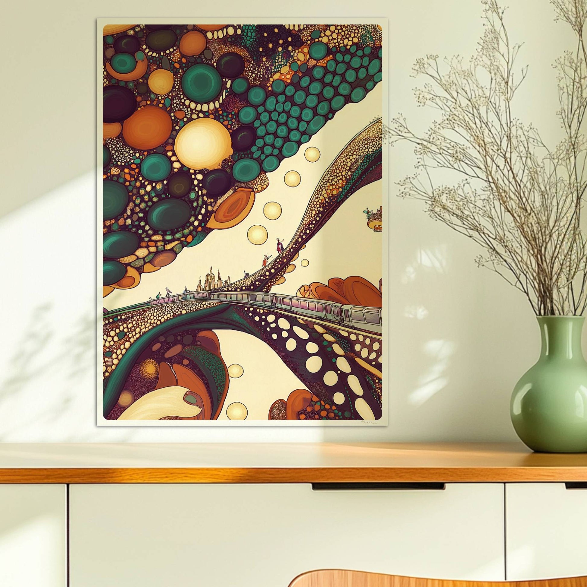 Fantastischer Zug in einer abstrakten Blasenlandschaft mit leuchtenden Farben. Ohne Rahmen 50x70