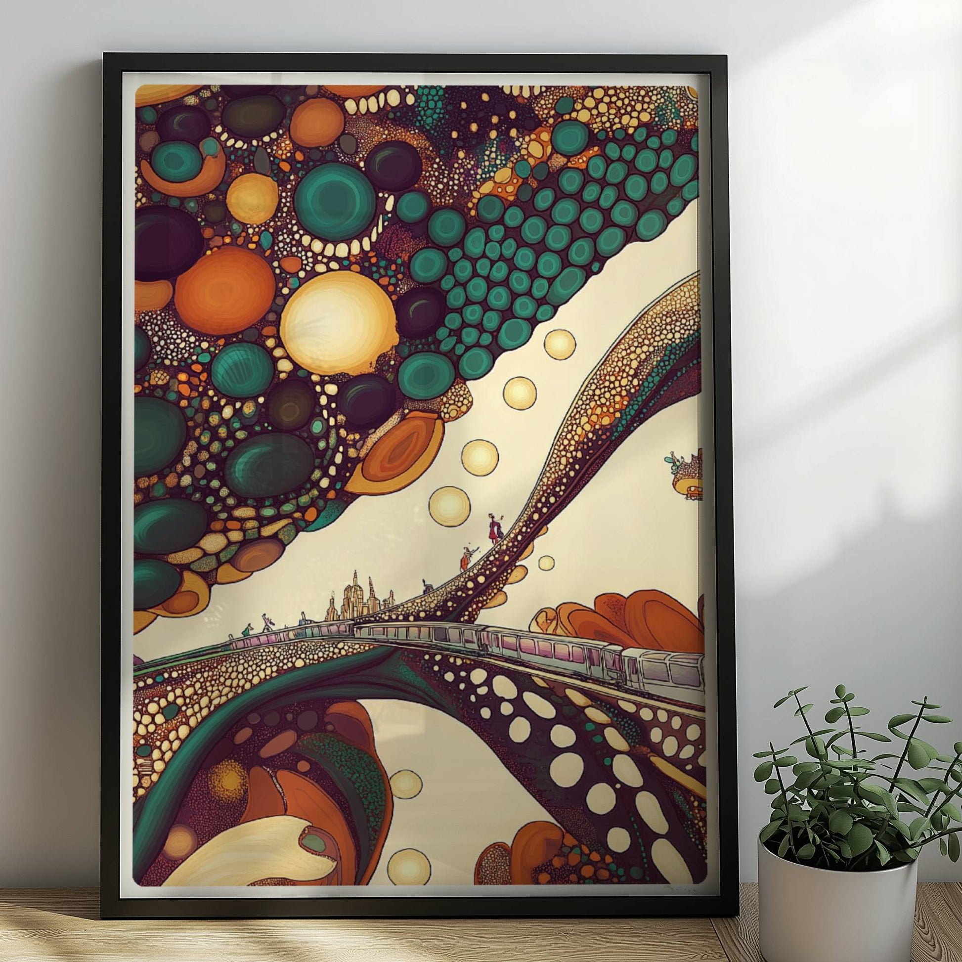 Fantastischer Zug in einer abstrakten Blasenlandschaft mit leuchtenden Farben. Rahmen schwarz 50x70
