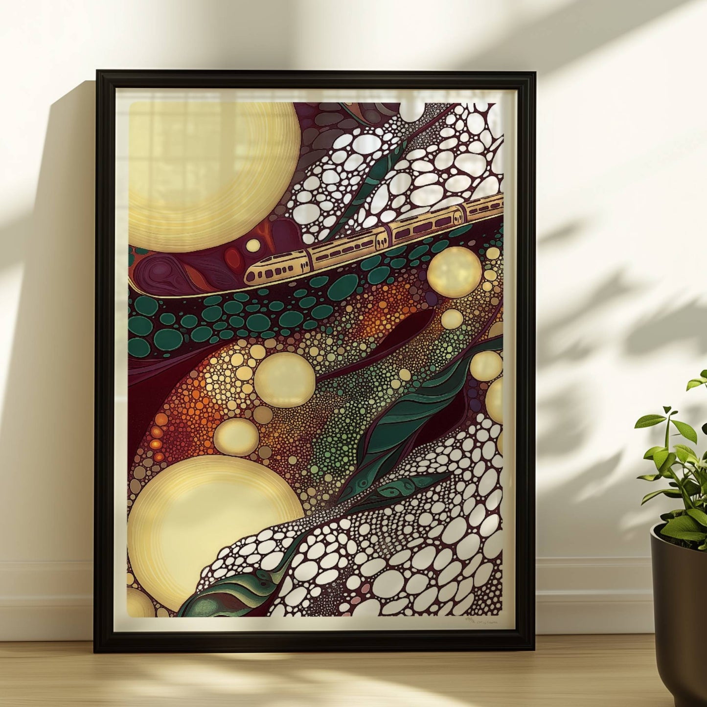 Zugfahrt durch blasenförmiges Terrain, surrealistische Landschaft mit bunten Kreisen. Rahmen schwarz 30x40