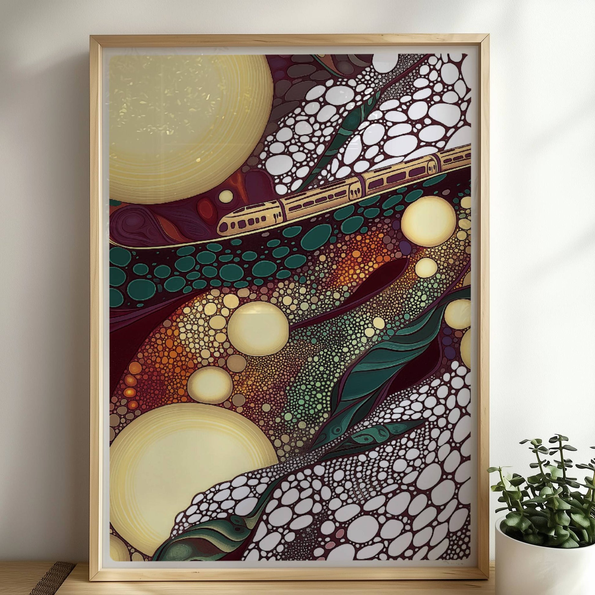 Zugfahrt durch blasenförmiges Terrain, surrealistische Landschaft mit bunten Kreisen. Rahmen natur 50x70