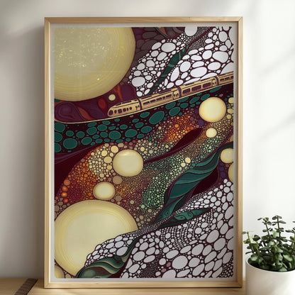 Zugfahrt durch blasenförmiges Terrain, surrealistische Landschaft mit bunten Kreisen. Rahmen natur 50x70