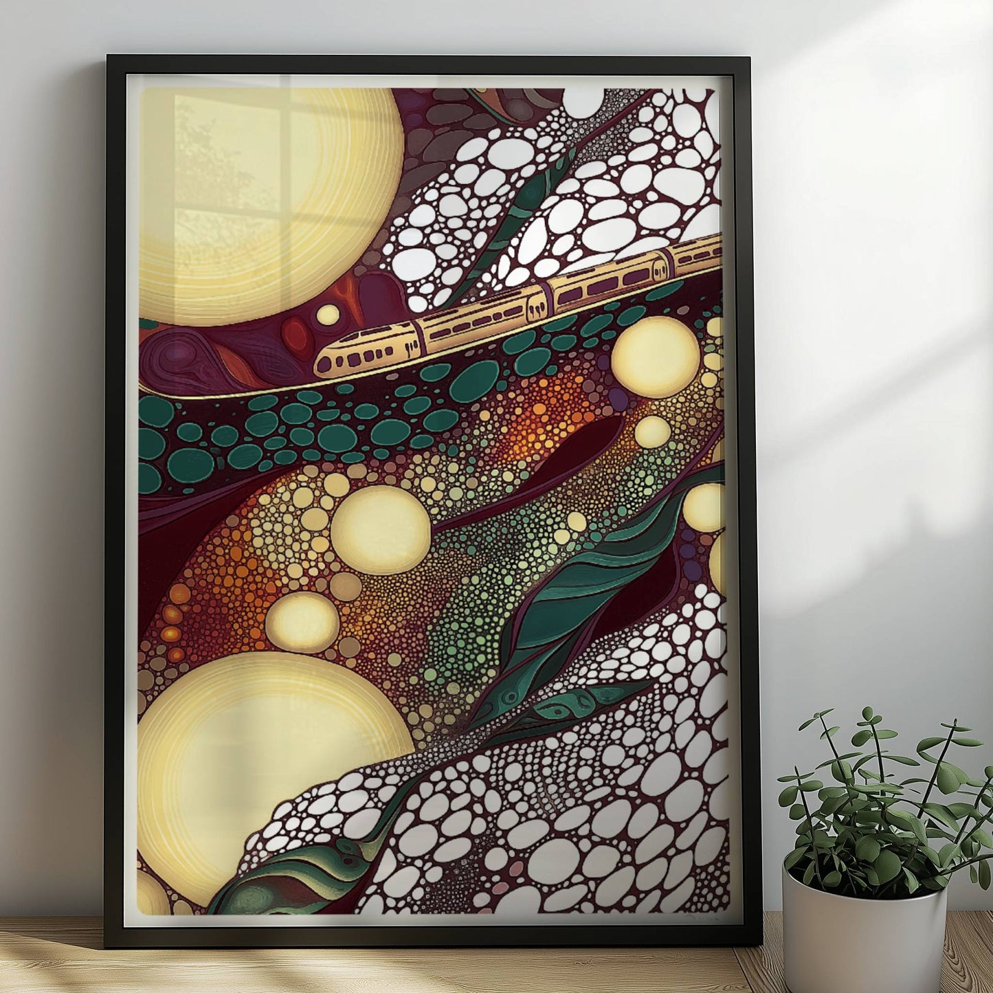Zugfahrt durch blasenförmiges Terrain, surrealistische Landschaft mit bunten Kreisen. Rahmen schwarz 50x70