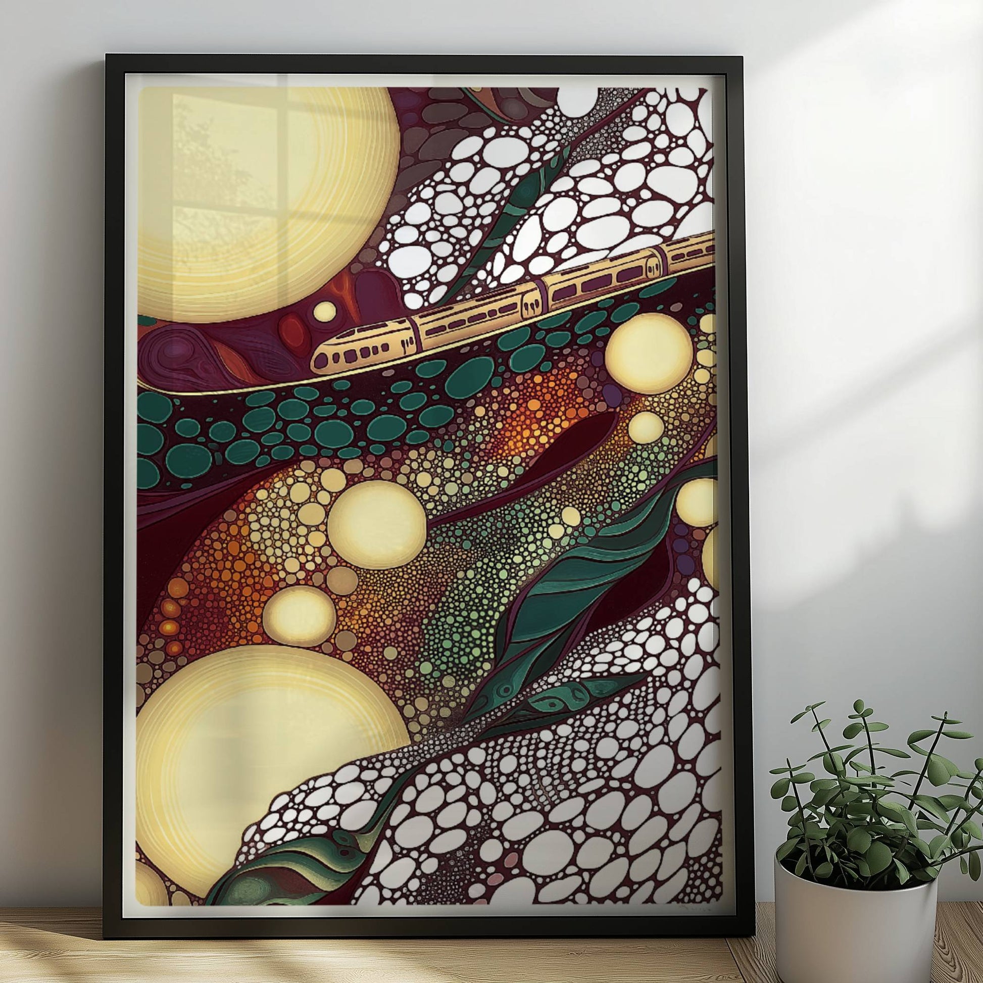 Zugfahrt durch blasenförmiges Terrain, surrealistische Landschaft mit bunten Kreisen. Rahmen schwarz 50x70