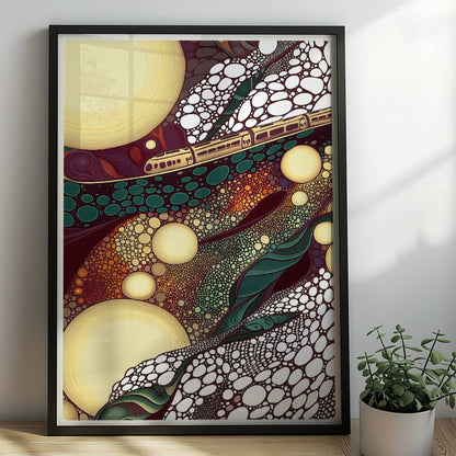 Zugfahrt durch blasenförmiges Terrain, surrealistische Landschaft mit bunten Kreisen. Rahmen schwarz 50x70