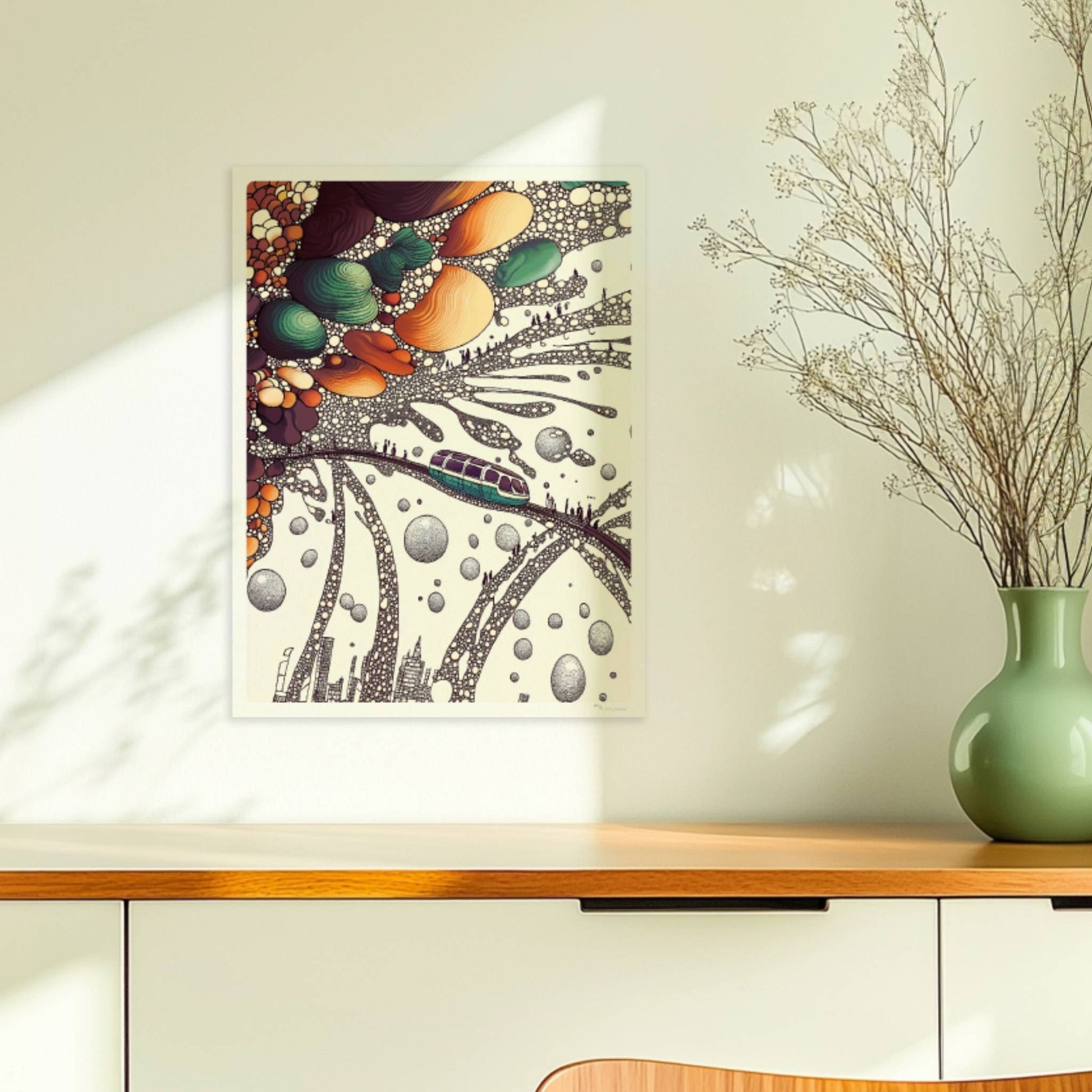Wellenförmige abstrakte Landschaft mit Zug, geschwungene Linien und fantasievolle Kulisse. Ohne Rahmen 30x40