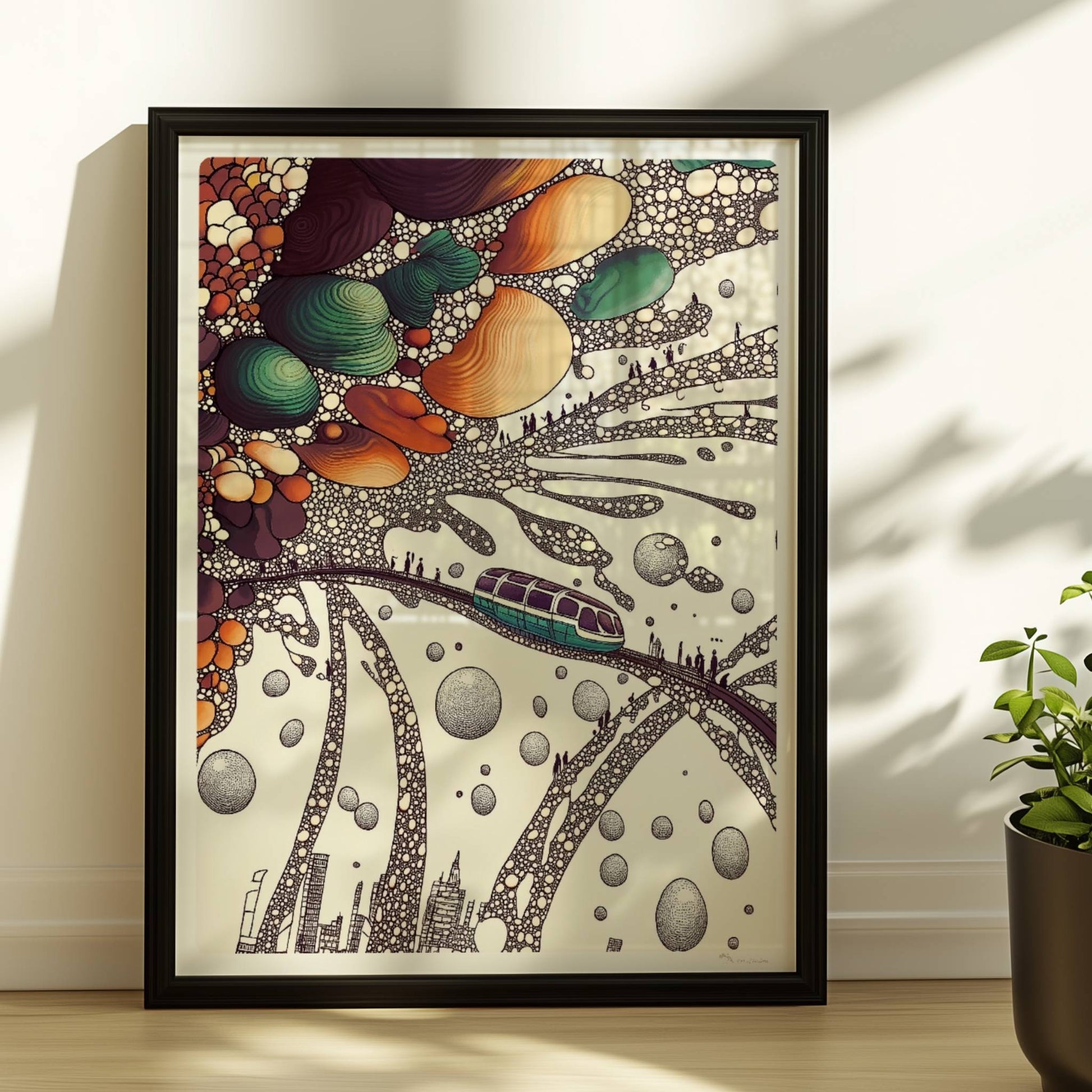 Wellenförmige abstrakte Landschaft mit Zug, geschwungene Linien und fantasievolle Kulisse. Rahmen schwarz 30x40