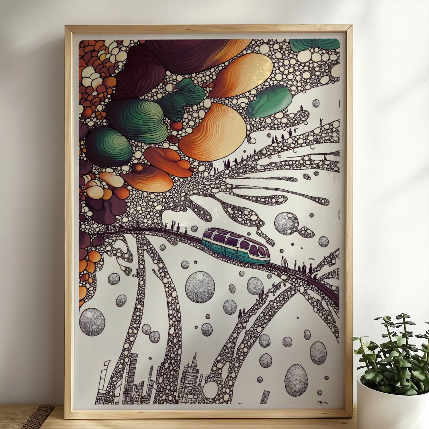 Wellenförmige abstrakte Landschaft mit Zug, geschwungene Linien und fantasievolle Kulisse. Rahmen natur 50x70