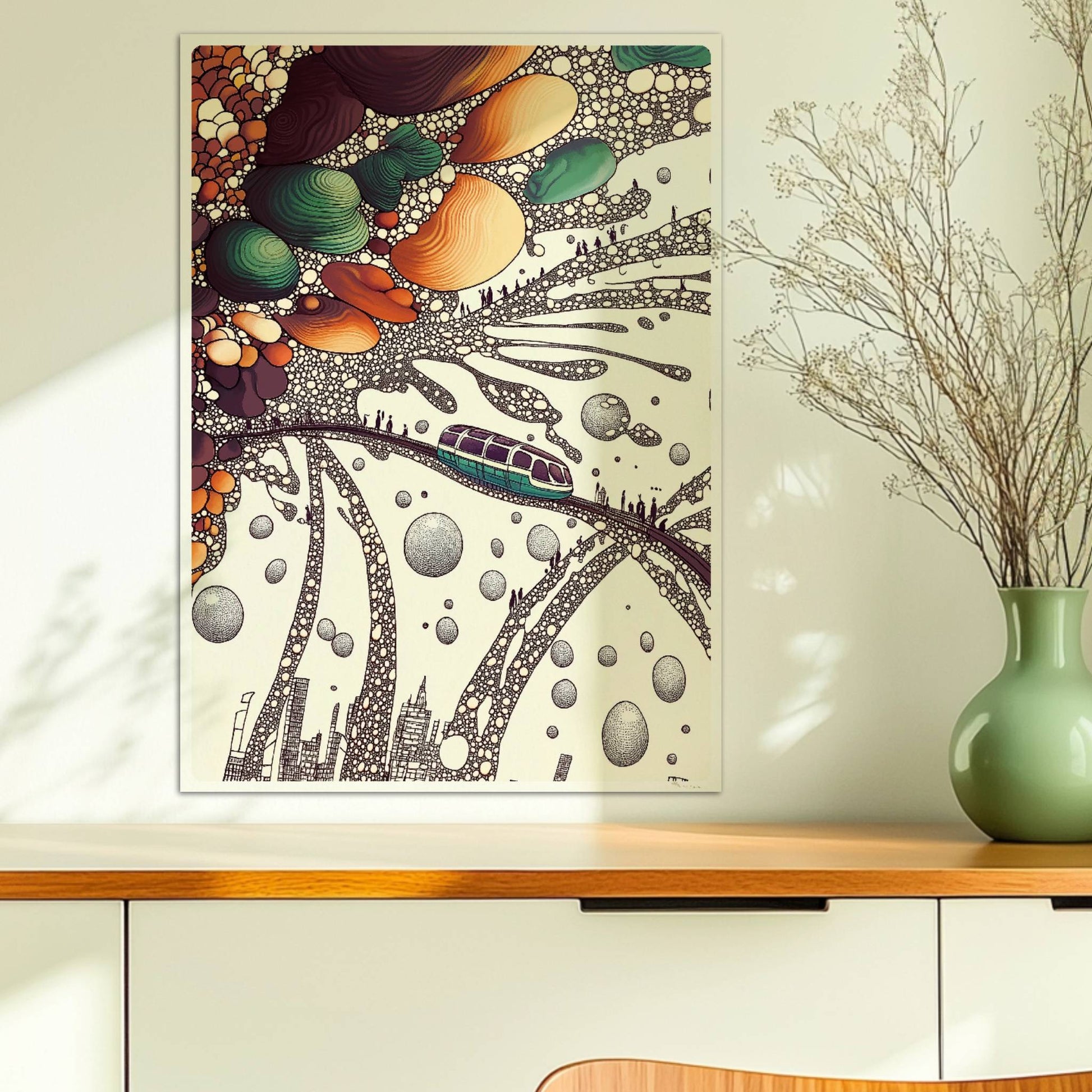 Wellenförmige abstrakte Landschaft mit Zug, geschwungene Linien und fantasievolle Kulisse. Ohne Rahmen 50x70