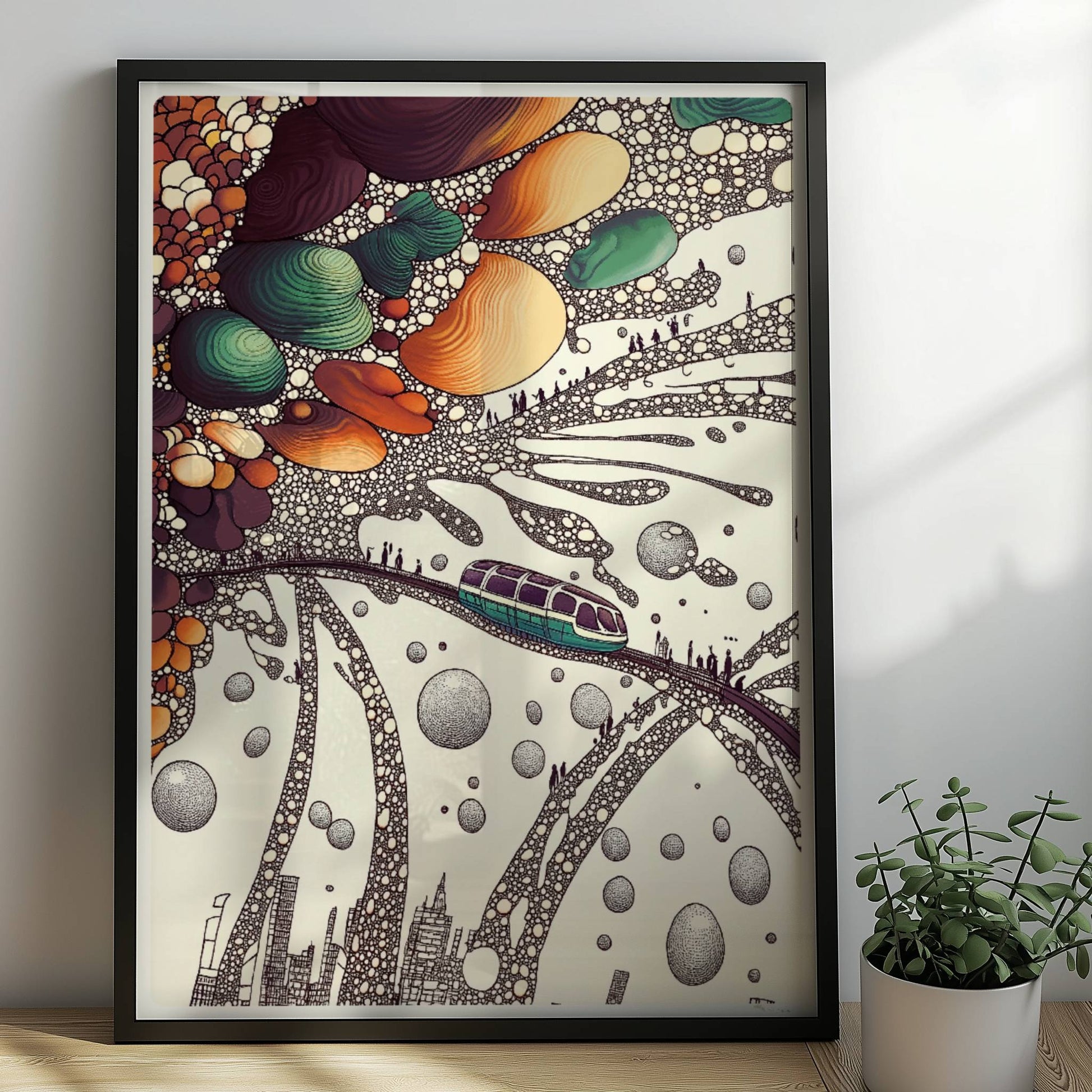 Wellenförmige abstrakte Landschaft mit Zug, geschwungene Linien und fantasievolle Kulisse. Rahmen schwarz 50x70