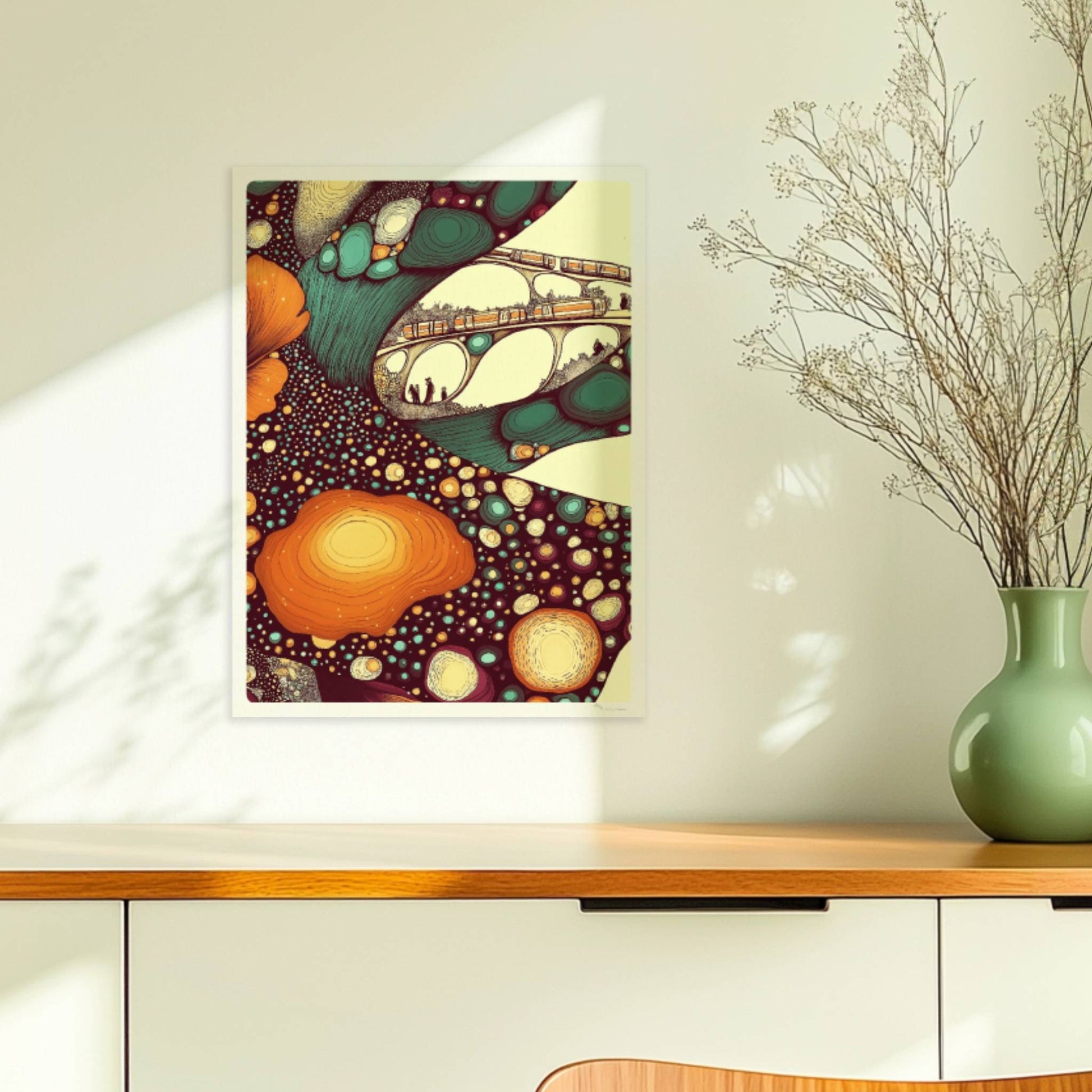 Architektur und Zug im Farbraum, moderne geometrische und organische Elemente kombiniert. Ohne Rahmen 30x40
