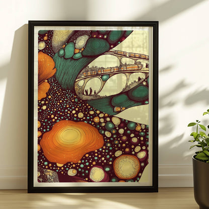 Architektur und Zug im Farbraum, moderne geometrische und organische Elemente kombiniert. Rahmen schwarz 30x40