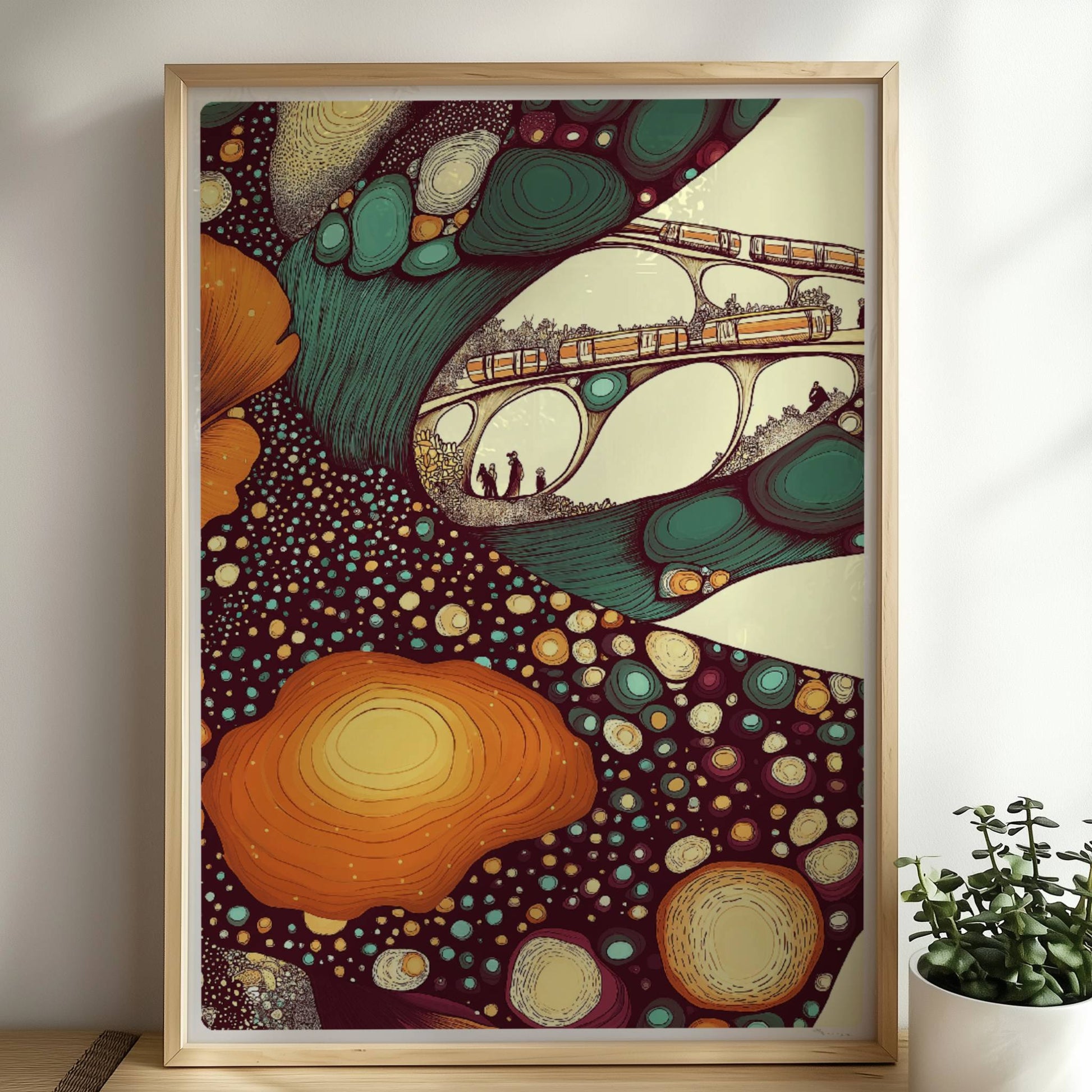 Architektur und Zug im Farbraum, moderne geometrische und organische Elemente kombiniert. Rahmen natur 50x70