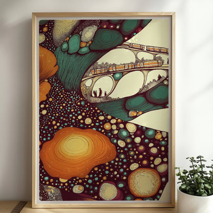 Architektur und Zug im Farbraum, moderne geometrische und organische Elemente kombiniert. Rahmen natur 50x70