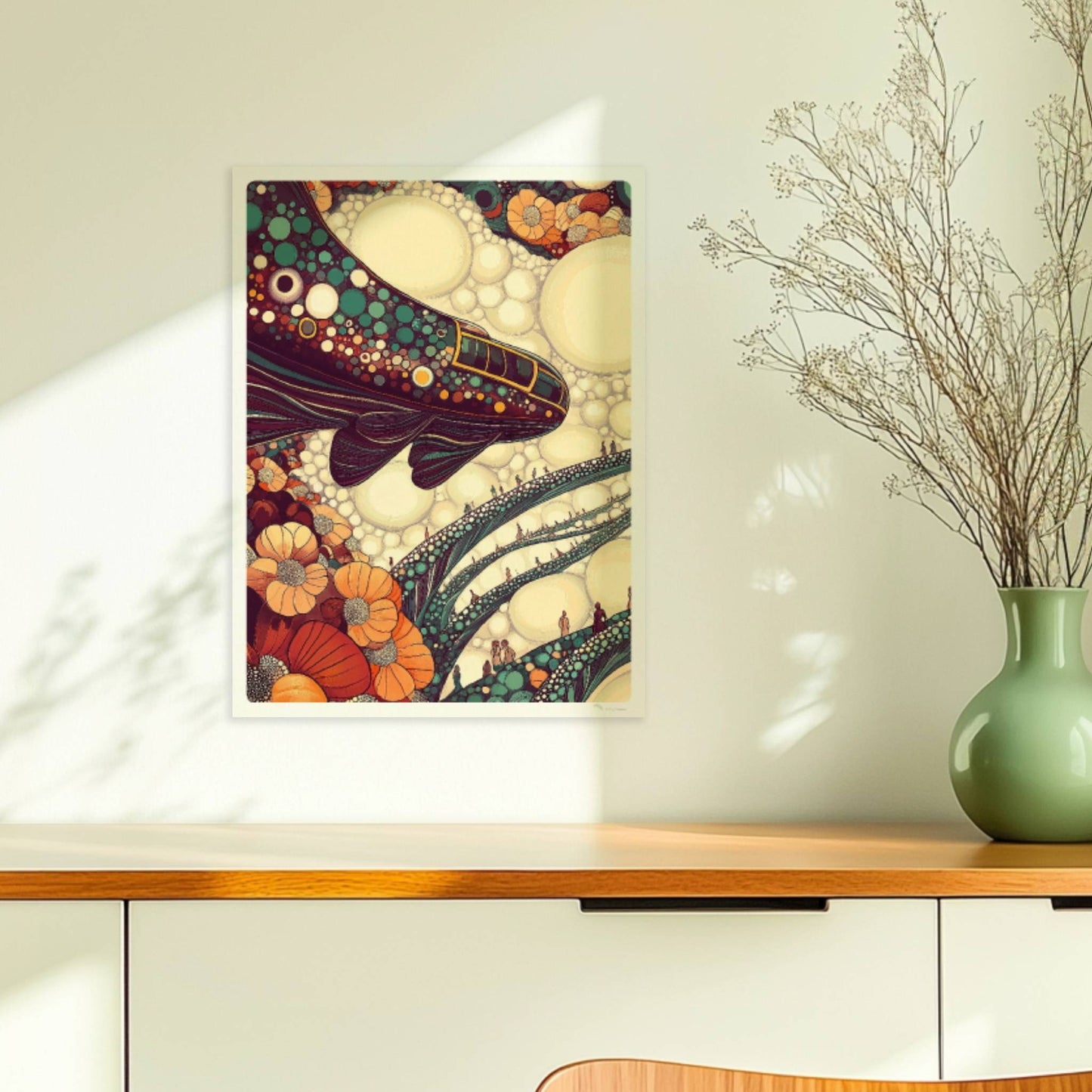 Verbindung aus Blasen und Schienen, verspieltes, botanisch inspiriertes Zugmotiv. Ohne Rahmen 30x40