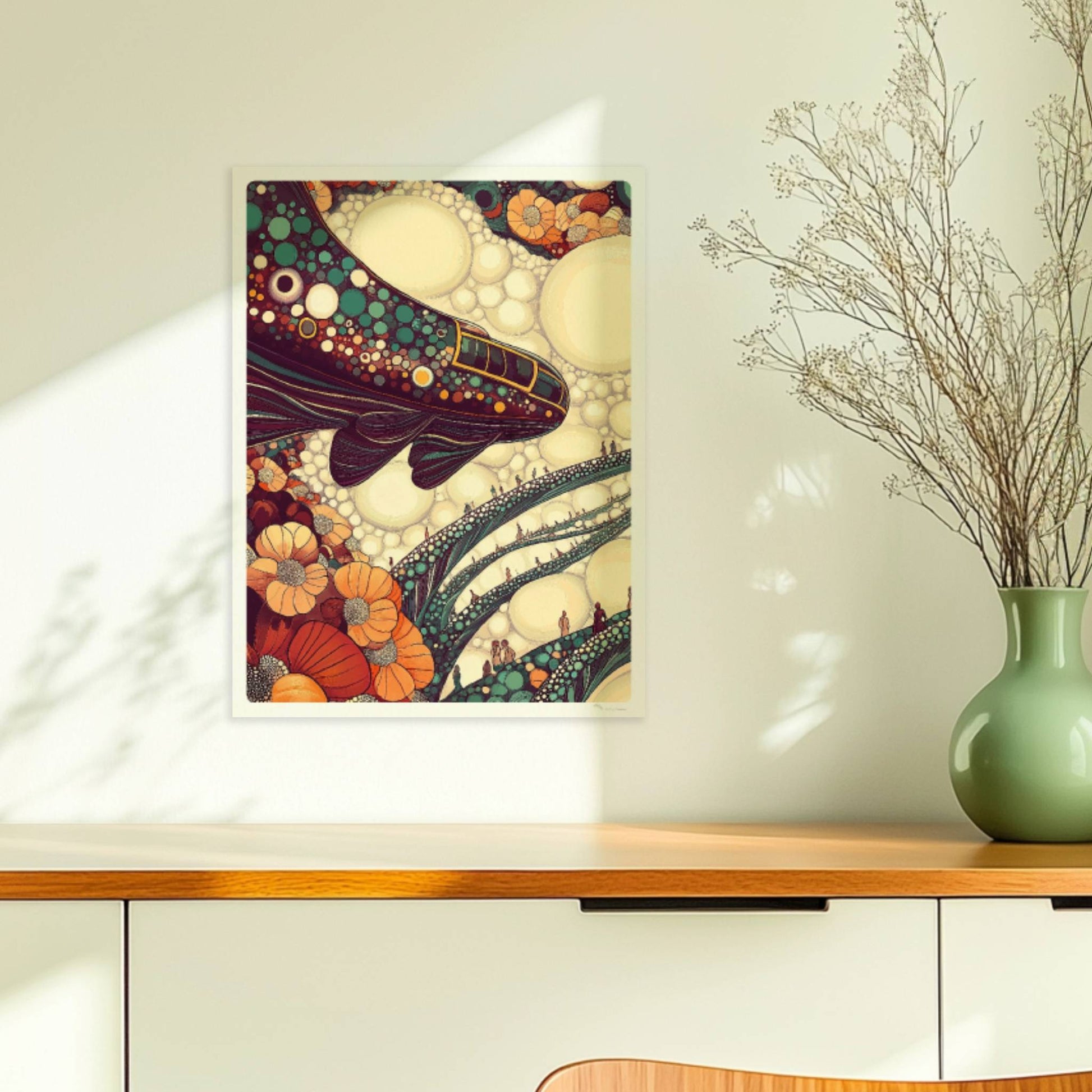 Verbindung aus Blasen und Schienen, verspieltes, botanisch inspiriertes Zugmotiv. Ohne Rahmen 30x40