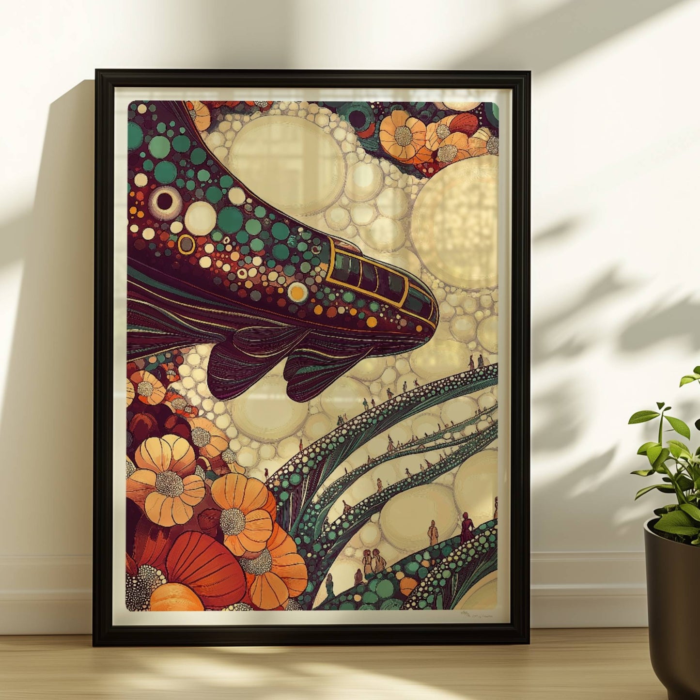 Verbindung aus Blasen und Schienen, verspieltes, botanisch inspiriertes Zugmotiv. Rahmen schwarz 30x40