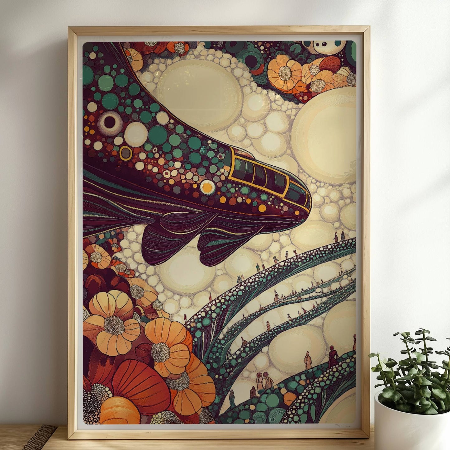 Verbindung aus Blasen und Schienen, verspieltes, botanisch inspiriertes Zugmotiv. Rahmen natur 50x70