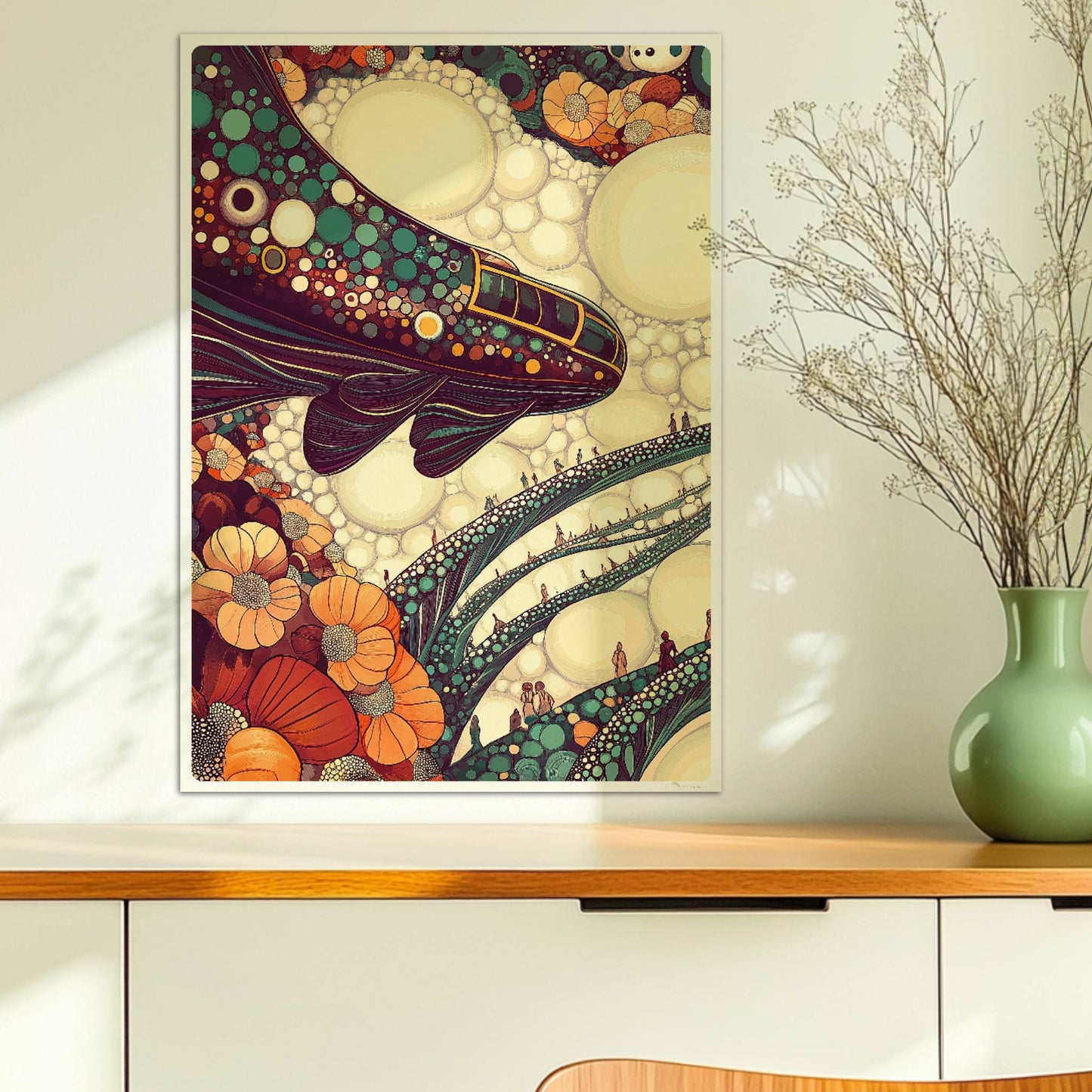 Verbindung aus Blasen und Schienen, verspieltes, botanisch inspiriertes Zugmotiv. Ohne Rahmen 50x70