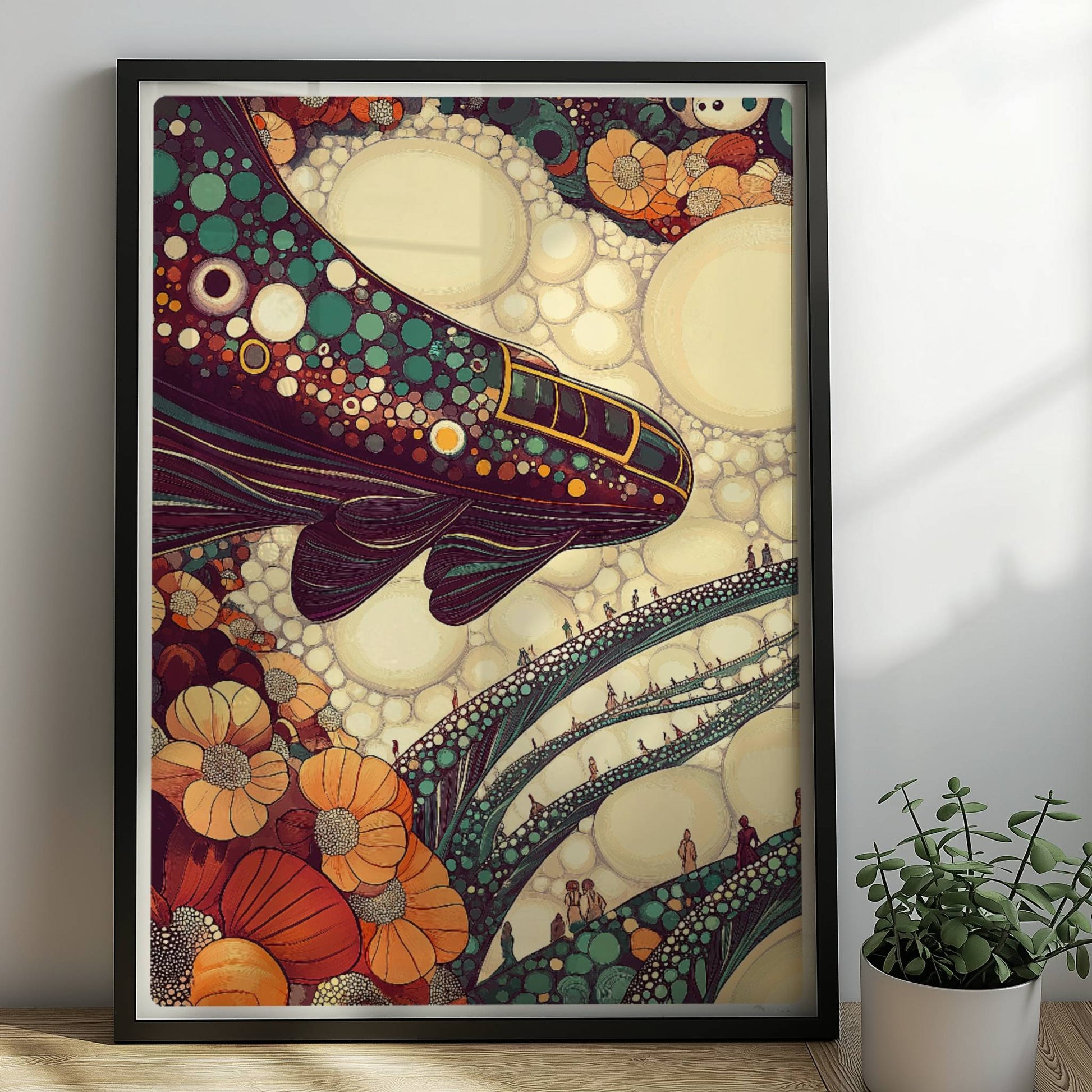 Verbindung aus Blasen und Schienen, verspieltes, botanisch inspiriertes Zugmotiv. Rahmen schwarz 50x70