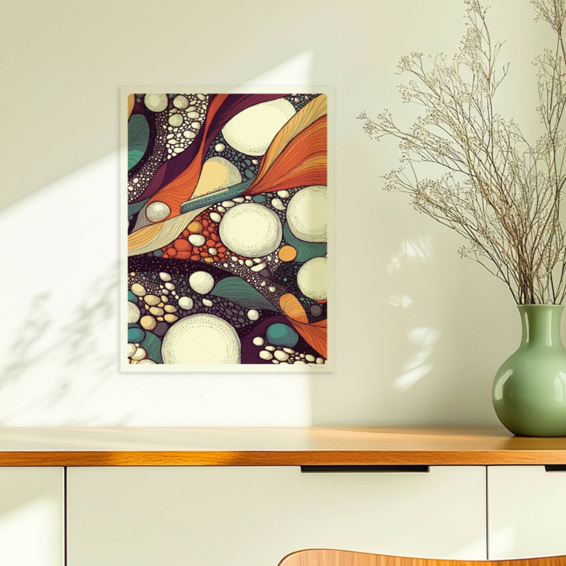Abstrakte Infrastruktur mit Zugmotiv, geometrische Linien und bunte Flächen. Ohne Rahmen 30x40