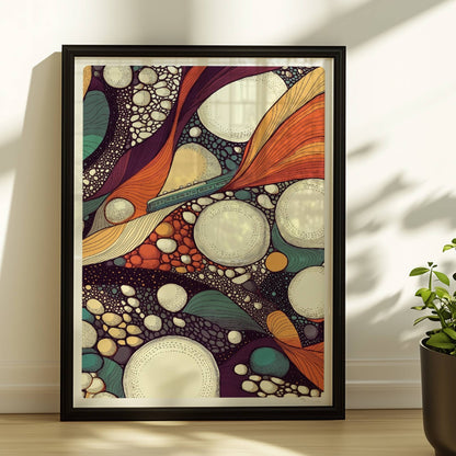 Abstrakte Infrastruktur mit Zugmotiv, geometrische Linien und bunte Flächen. Rahmen schwarz 30x40