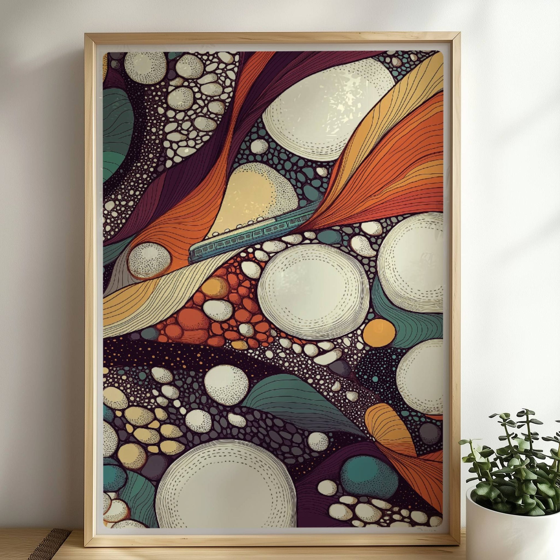 Abstrakte Infrastruktur mit Zugmotiv, geometrische Linien und bunte Flächen. Rahmen natur 50x70