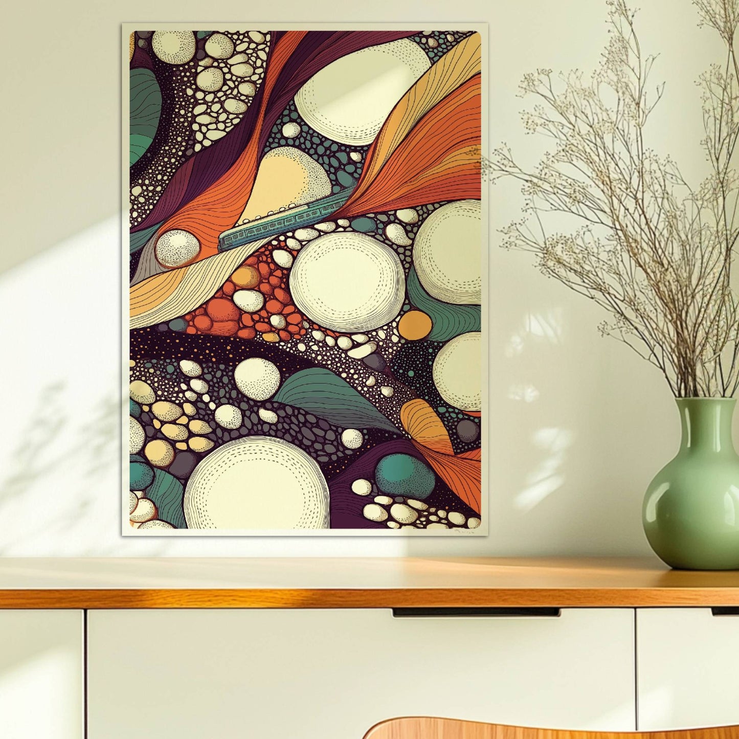 Abstrakte Infrastruktur mit Zugmotiv, geometrische Linien und bunte Flächen. Ohne Rahmen 50x70