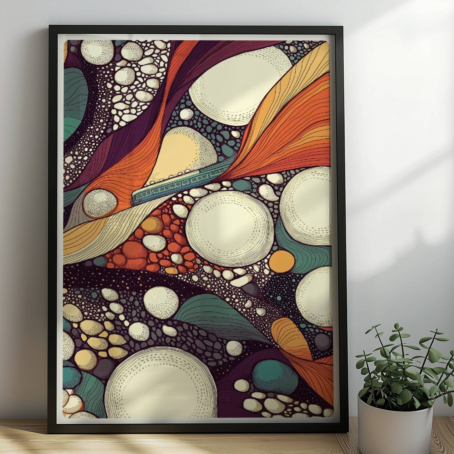 Abstrakte Infrastruktur mit Zugmotiv, geometrische Linien und bunte Flächen. Rahmen schwarz 50x70