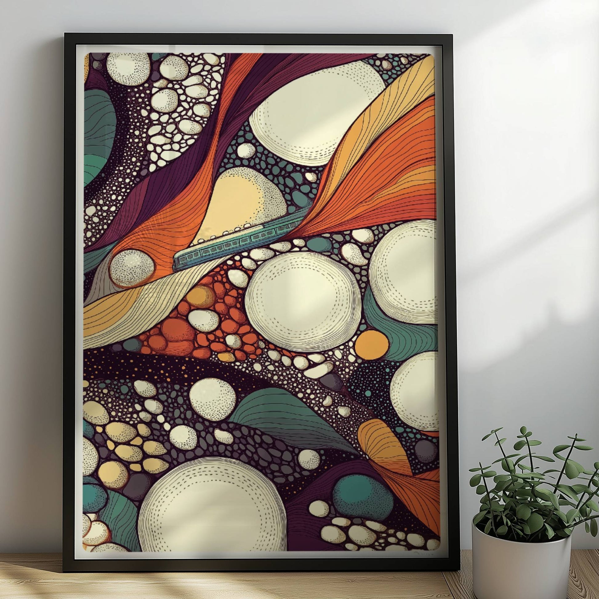 Abstrakte Infrastruktur mit Zugmotiv, geometrische Linien und bunte Flächen. Rahmen schwarz 50x70