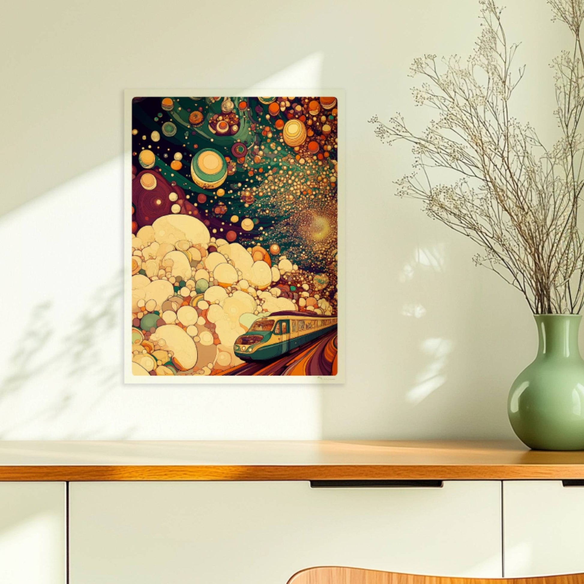 Kosmische, biomorphe Zugfahrt in einer fantasievollen, abstrakten Landschaft. Ohne Rahmen 30x40