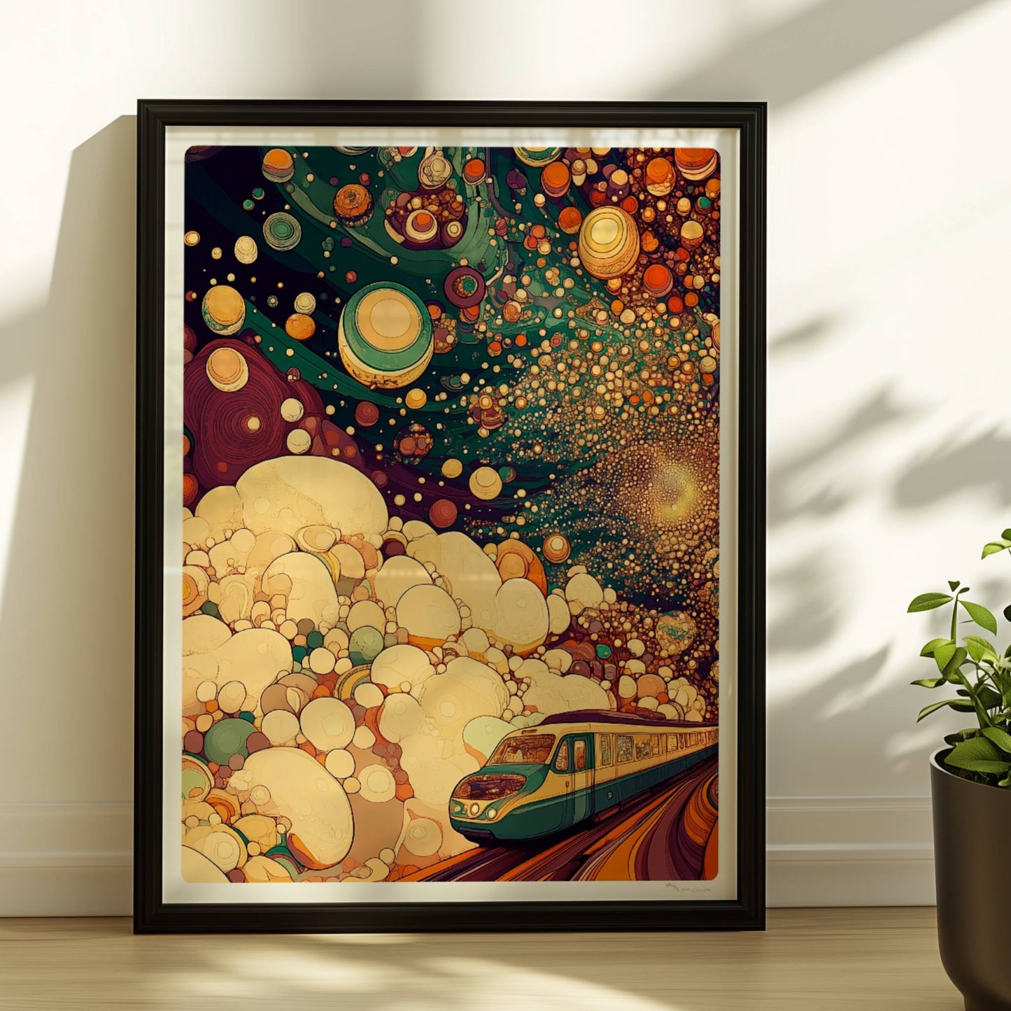 Kosmische, biomorphe Zugfahrt in einer fantasievollen, abstrakten Landschaft. Rahmen schwarz 30x40