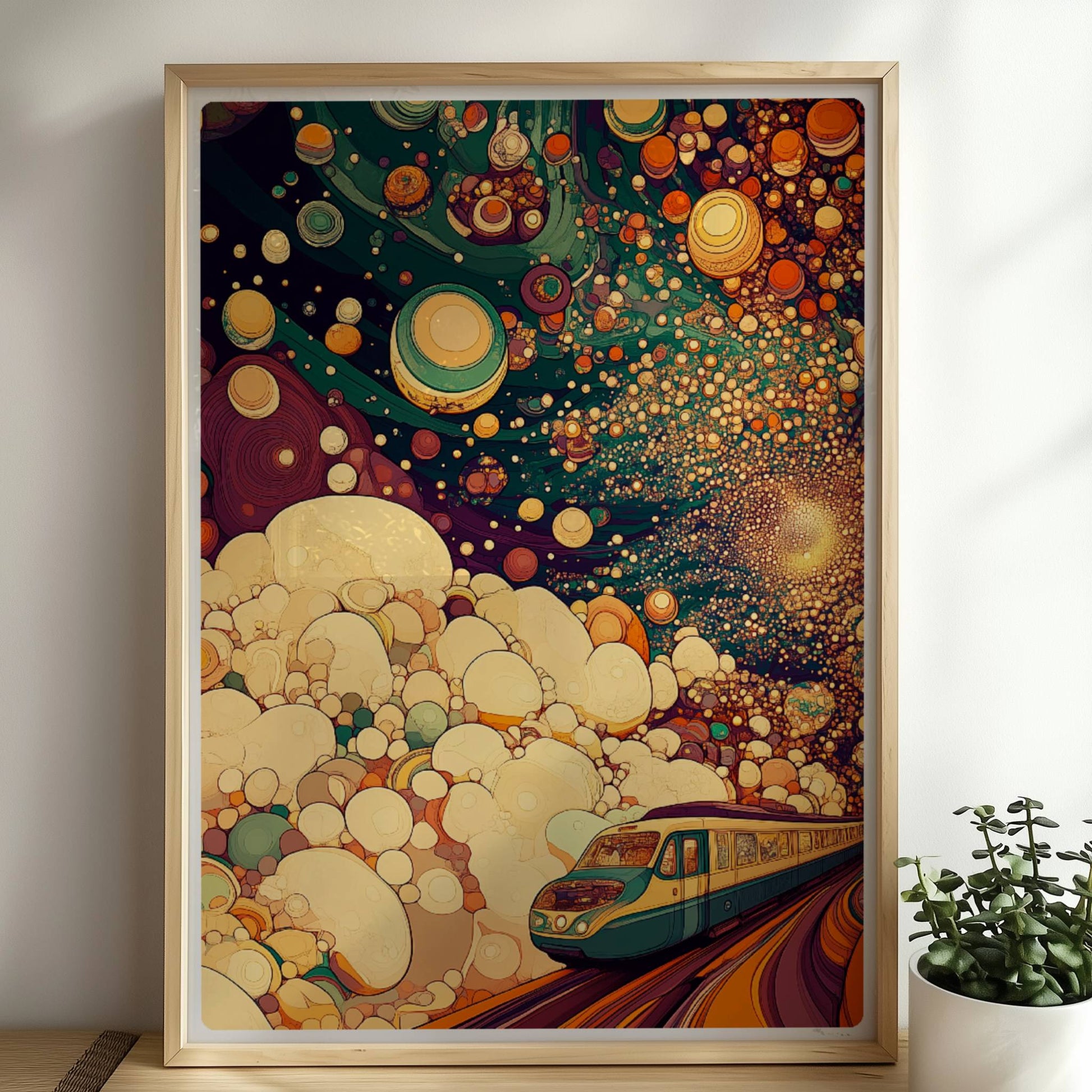 Kosmische, biomorphe Zugfahrt in einer fantasievollen, abstrakten Landschaft. Rahmen natur 50x70