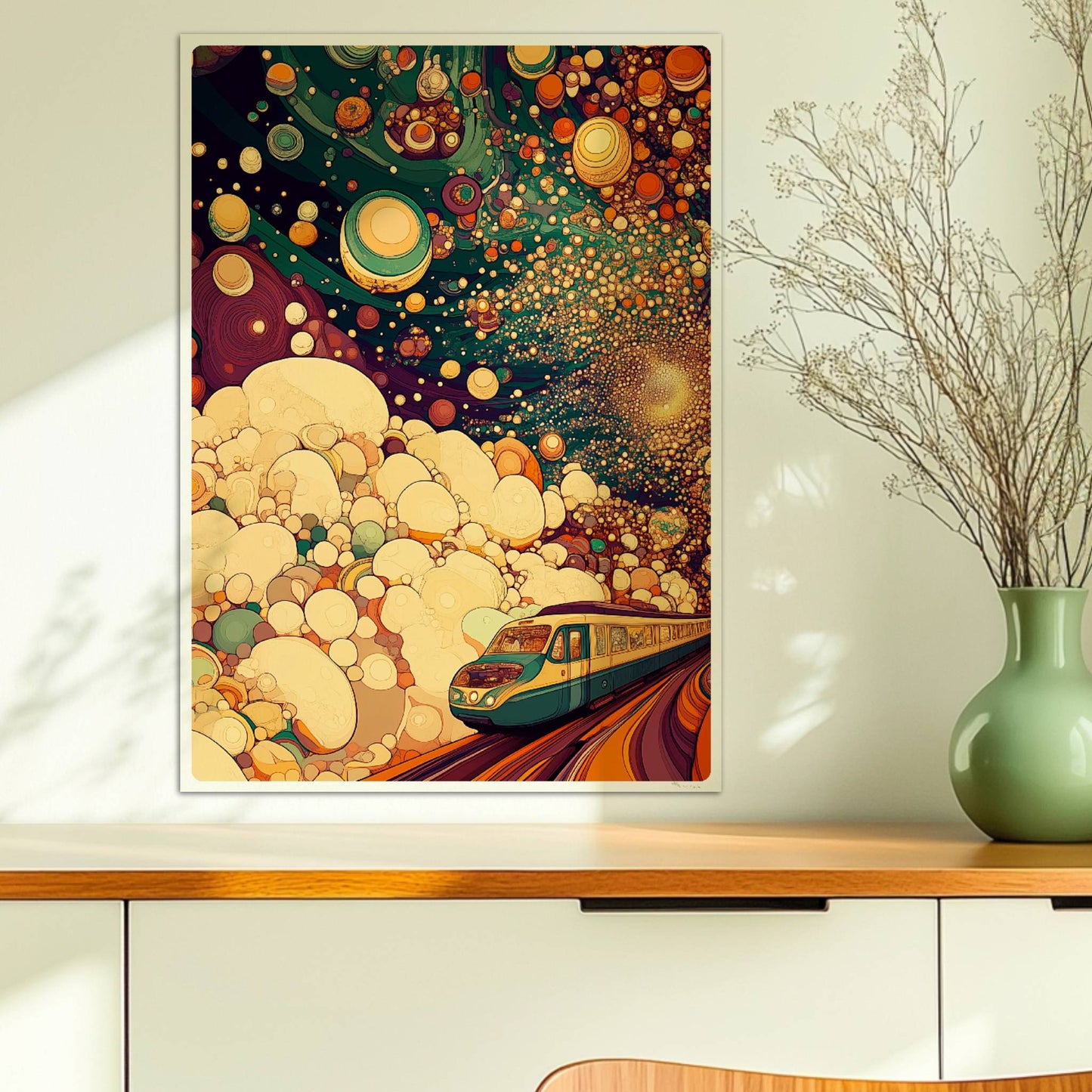 Kosmische, biomorphe Zugfahrt in einer fantasievollen, abstrakten Landschaft. Ohne Rahmen 50x70