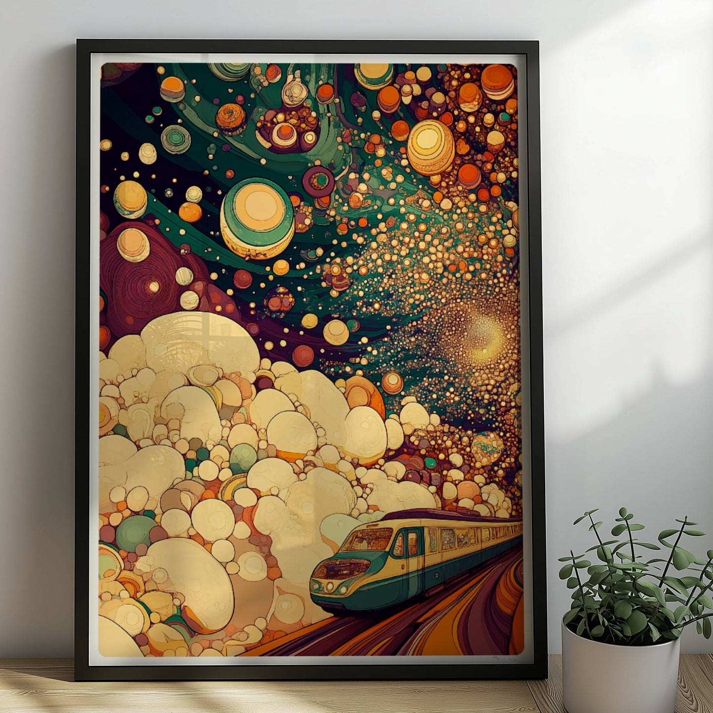 Kosmische, biomorphe Zugfahrt in einer fantasievollen, abstrakten Landschaft. Rahmen schwarz 50x70