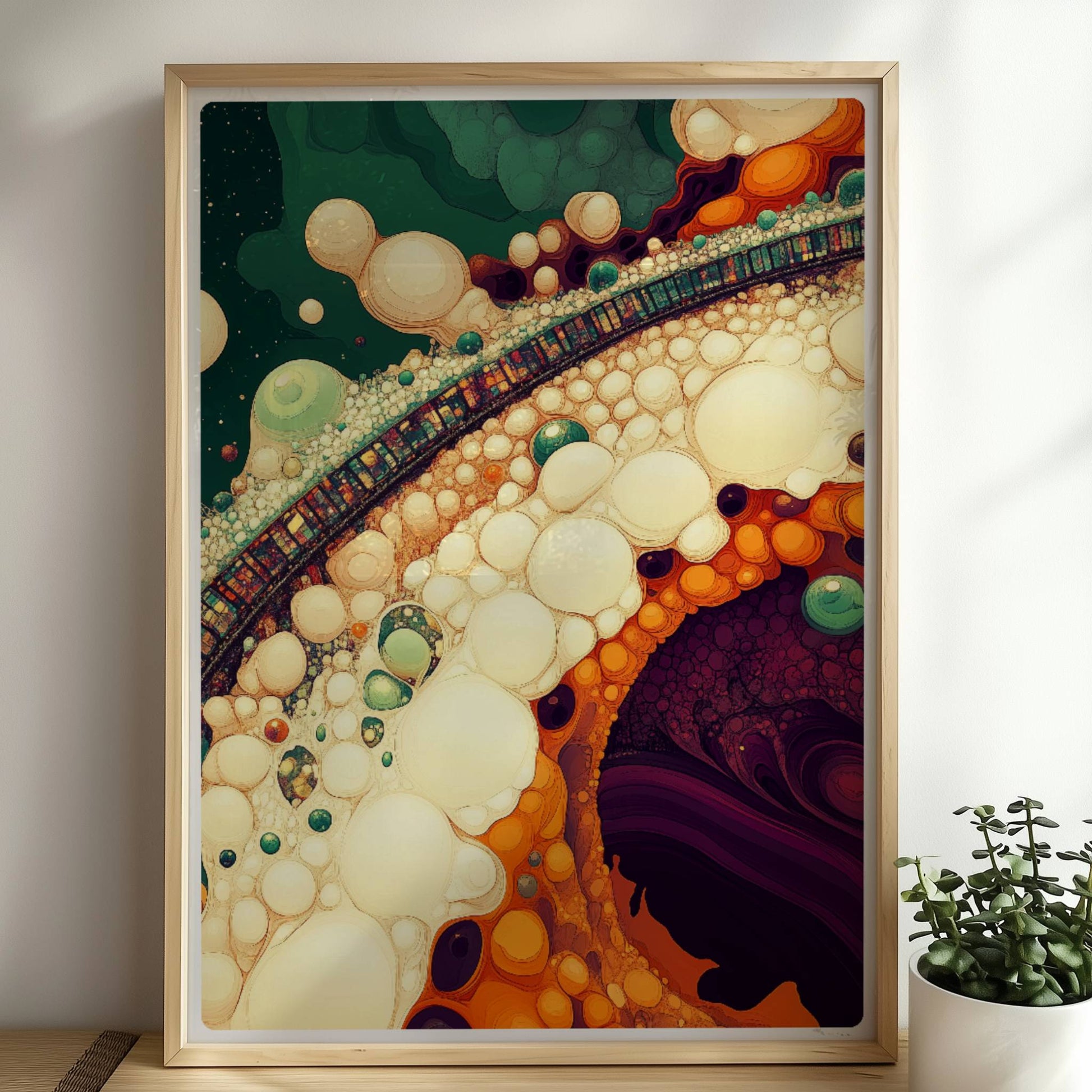 Parametrische Brücke aus Blasen, abstraktes Zugmotiv mit organischen Formen. Rahmen natur 50x70