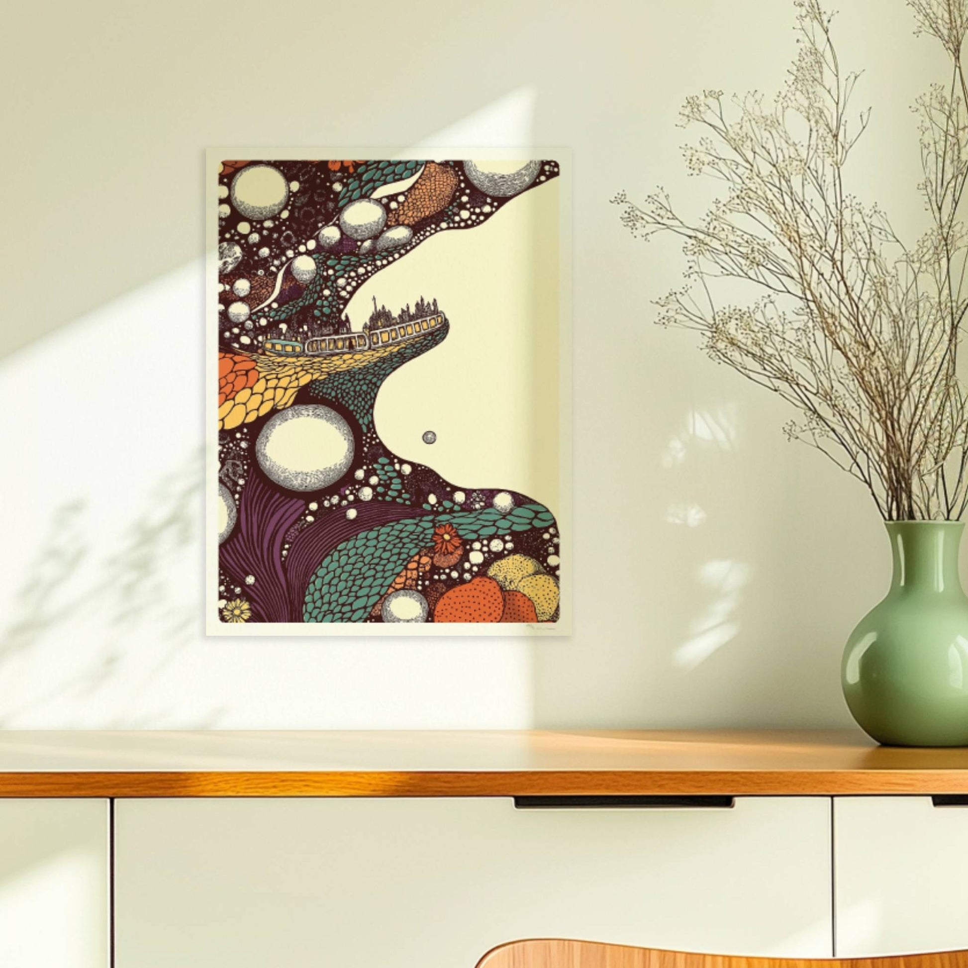 Biomorphe Fantasiereise mit Zug, weiche Formen und verträumte Farbverläufe. Ohne Rahmen 30x40