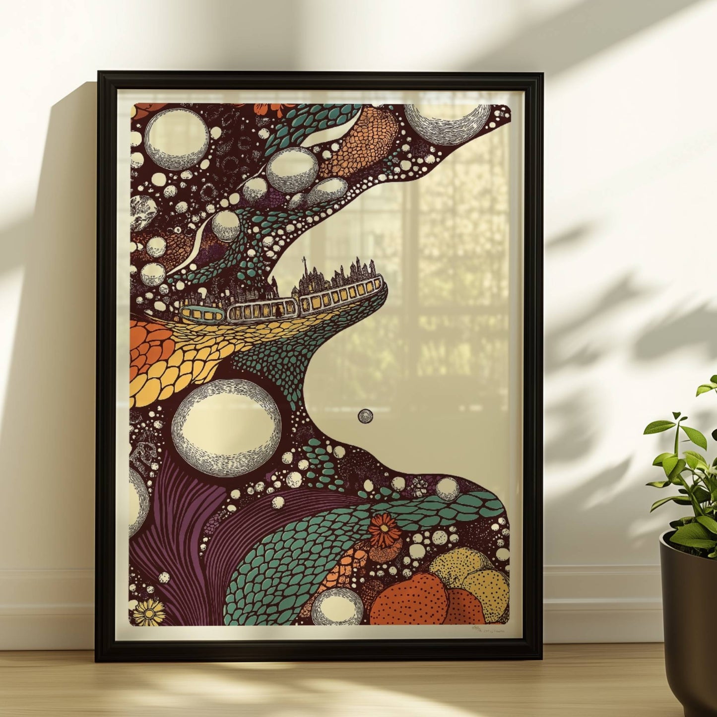 Biomorphe Fantasiereise mit Zug, weiche Formen und verträumte Farbverläufe. Rahmen schwarz 30x40