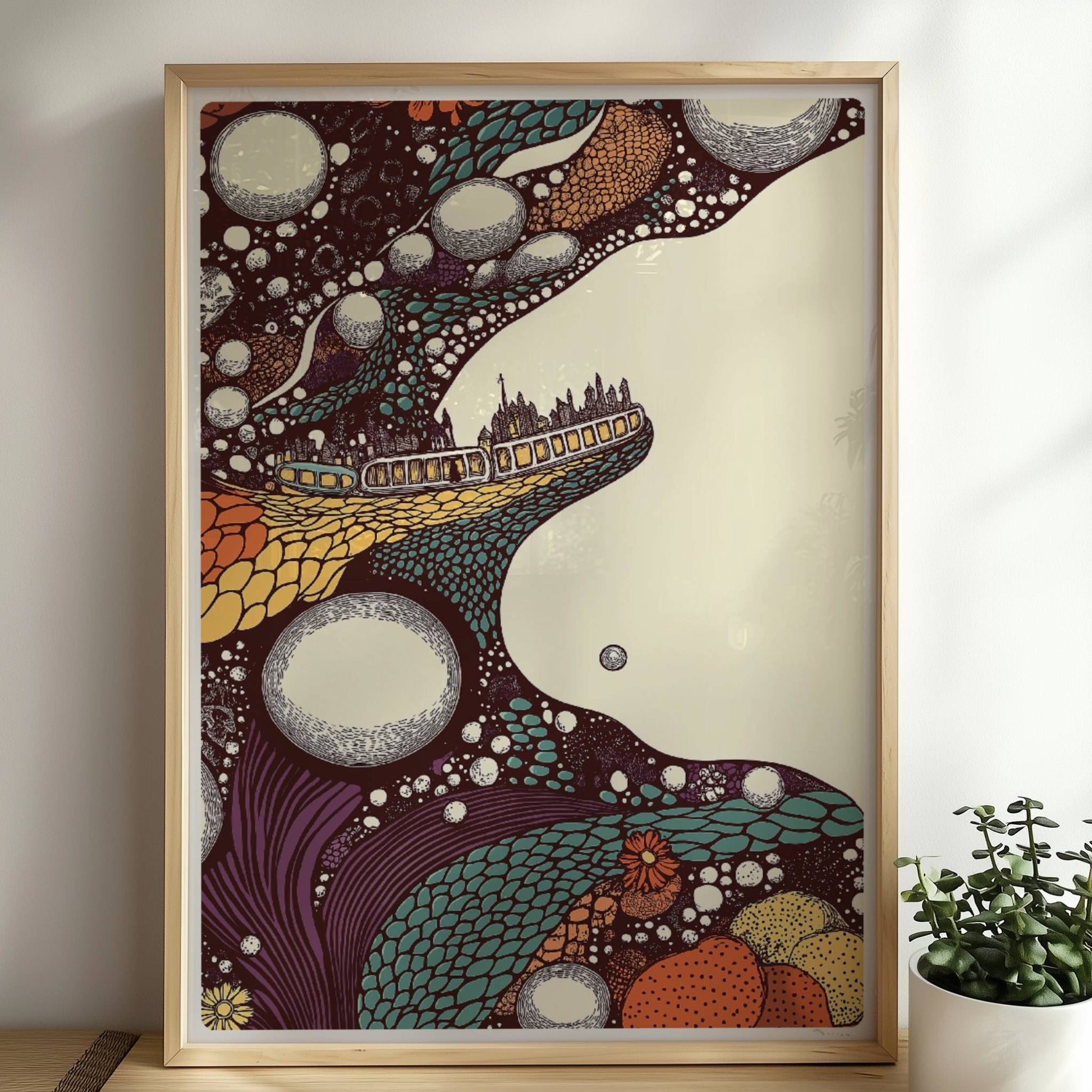 Biomorphe Fantasiereise mit Zug, weiche Formen und verträumte Farbverläufe. Rahmen natur 50x70