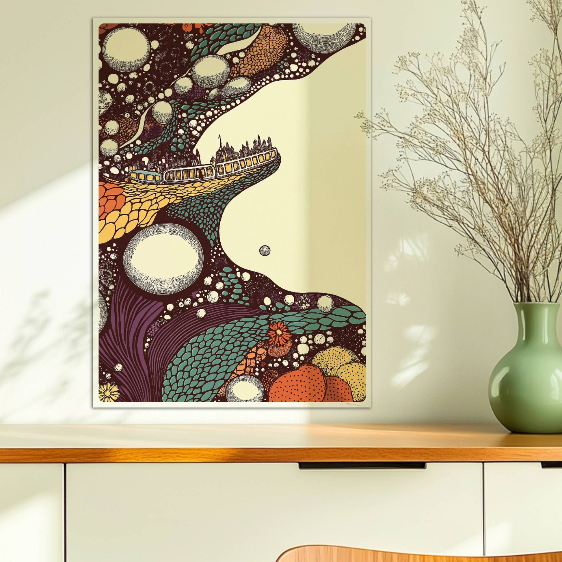 Biomorphe Fantasiereise mit Zug, weiche Formen und verträumte Farbverläufe. Ohne Rahmen 50x70