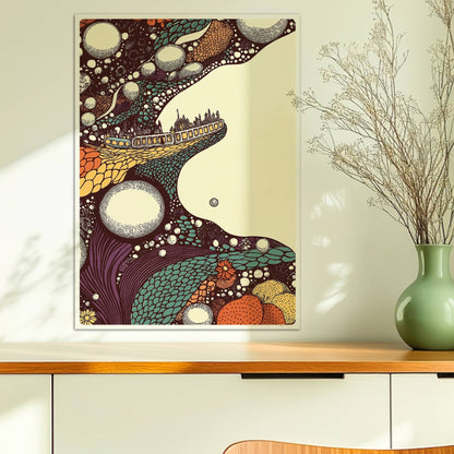 Biomorphe Fantasiereise mit Zug, weiche Formen und verträumte Farbverläufe. Ohne Rahmen 50x70